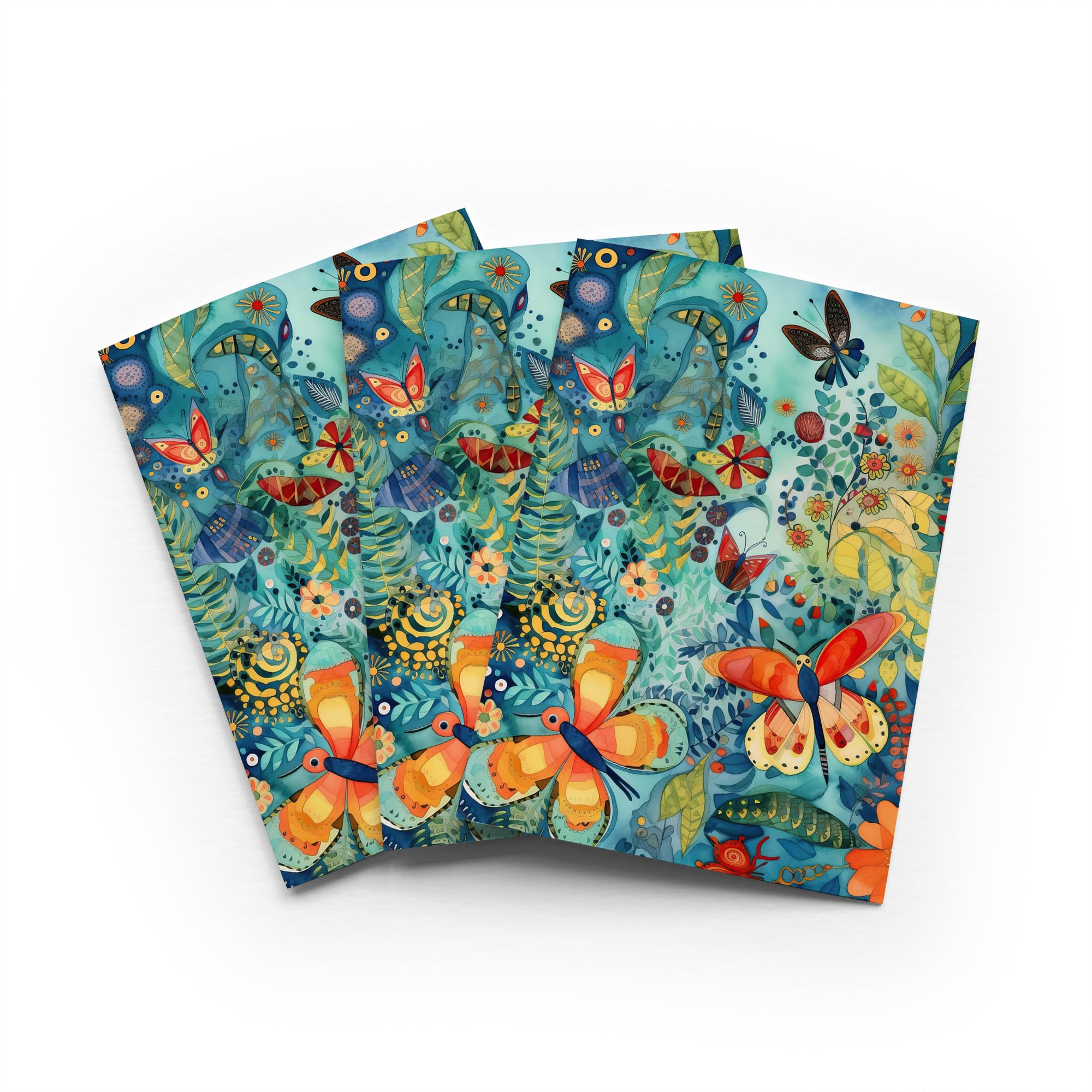 Butterfly Flower Field Greeting Card Folk Art Nature Any Occasion Set of 3 Blank Inside 5x7 Inch 13x18 cm