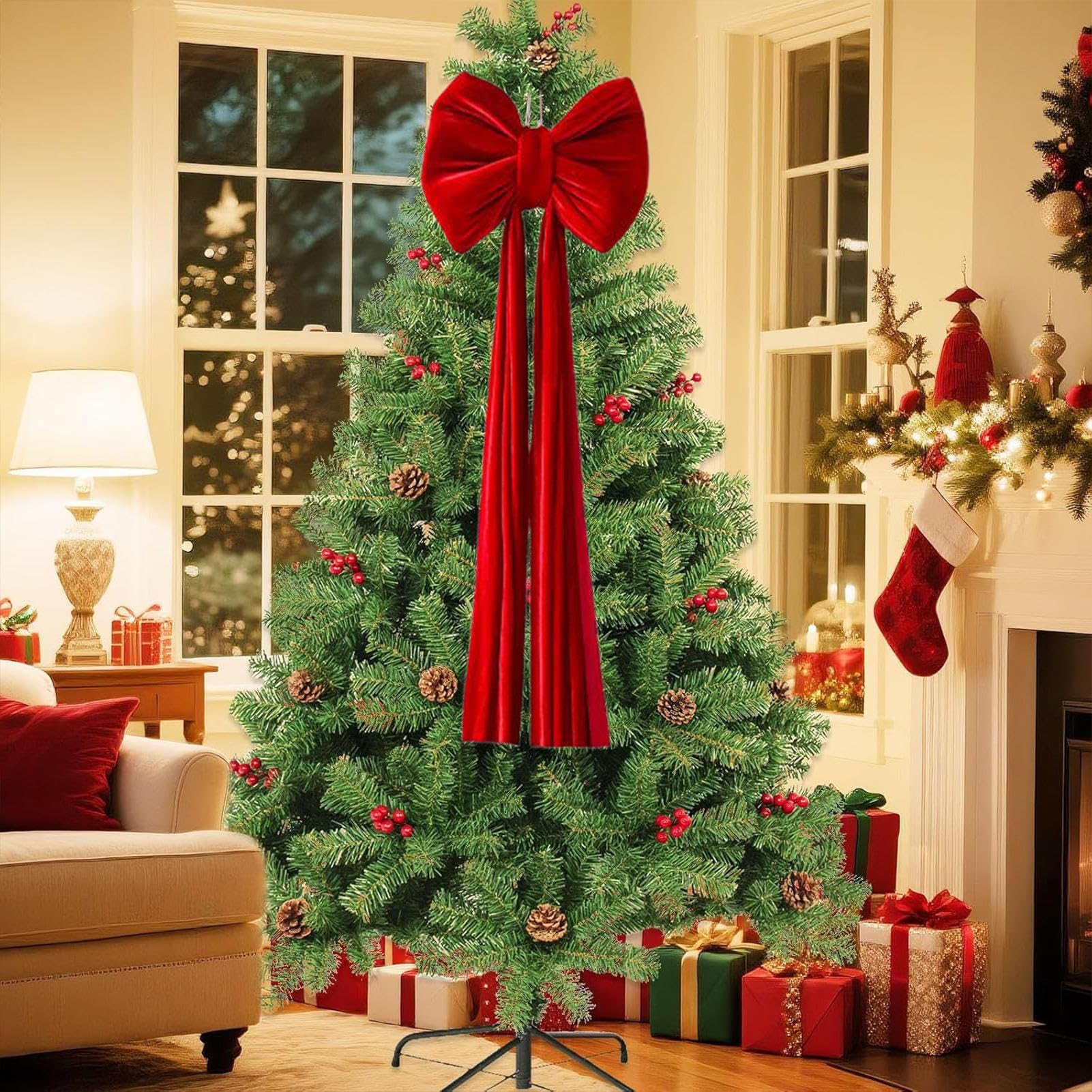Riesige Schleife Für Weihnachtsbaum Vorgebundene Große Wiederverwendbare | Christbaum Schleifen Topper Für Girlande Außenbereich Innenbereich Zuhause Tür Vorderseite Treppe Hintergrund Feiert