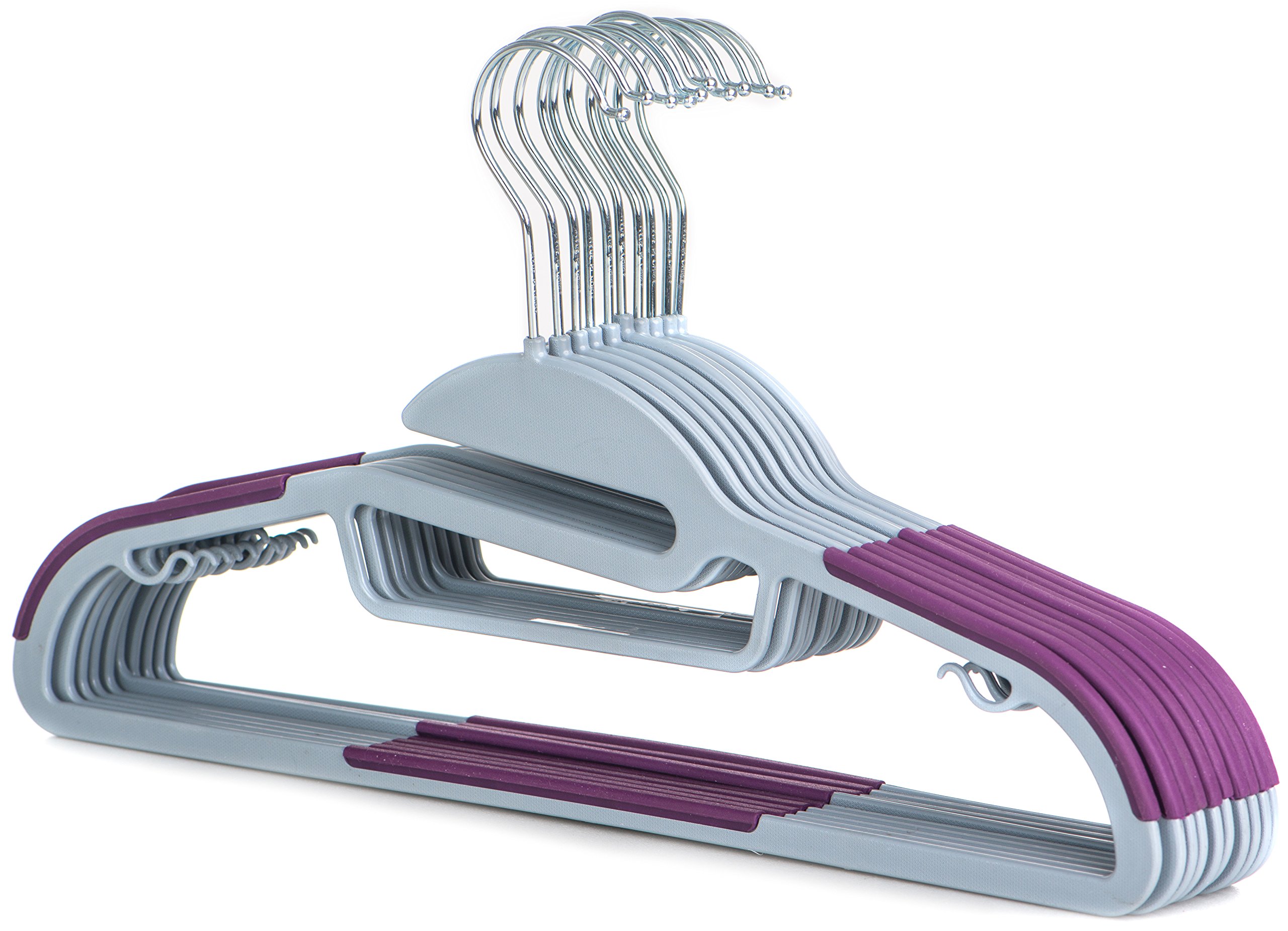 Popular Design Products 10 pc Premium Quality Easy-On Clothes Hangers - Grey with Purple Non-Slip Pads - Space Saving Thin Profile - for Shirts, Pants, Blouses, Scarves – Strong Enough for Coats
