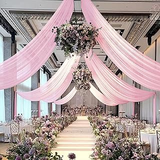Pink Ceiling Drapes,2 Panels 5x20 FT Chiffon Curtains Draping Fabric Sheer Mesh Ceiling Drape for Wedding Arch Bed Canopy Tent Wedding Drapery for Wedding Ceremony Birthday Party
