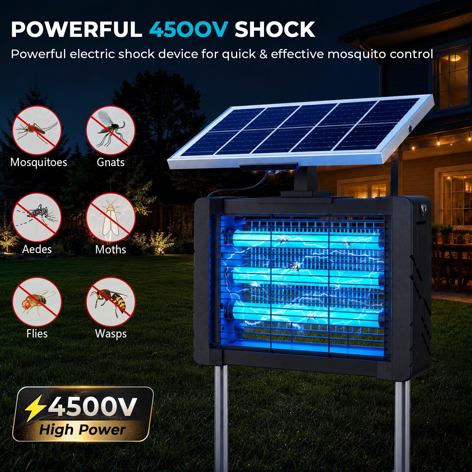 Solar Bug Zapper Outdoor, Tragbarer wiederaufladbarer Moskito-Zap mit 3 Lampen, 4500 V elektrischer Insektenvernichter, 5400 mAh Akku, 3 m Solarkabel, IPX5 wasserdichter Fliegenvernichter für Terrasse