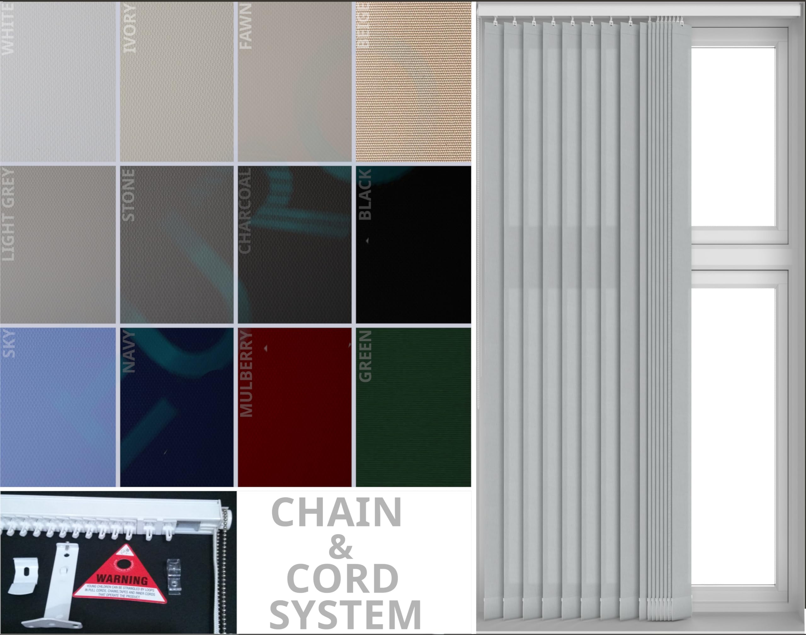 EUROBLINDS - Made To Measure PVC Blackout COMPLETE Vertical Blinds Set - Headrail & PVC BLACKOUT Fabric - Wipeable Louvres - 89mm (3.5 inch) - Large Selection of Colours (Up To 250cm (98 inch) Wide)