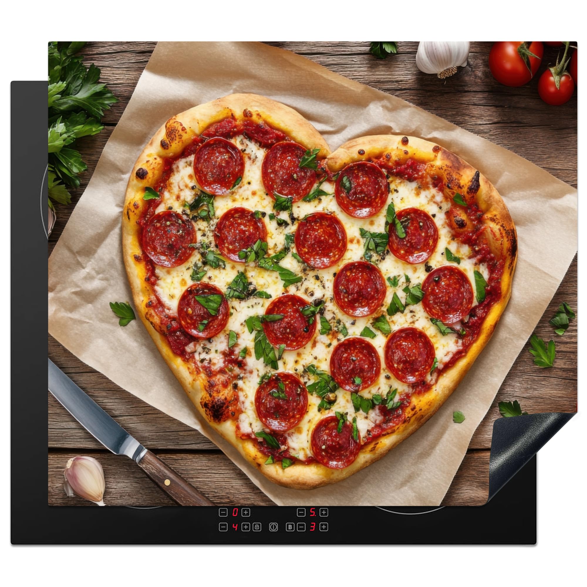 KitchenYeah© Induction Hob Cover Protector Mat 20.2"x22.9" / 58.3x51.3 cm Kitchen Universal Ceramic Covers for Electric Cookers Vinyl Pizza - Heart - Pepperoni - Tomato