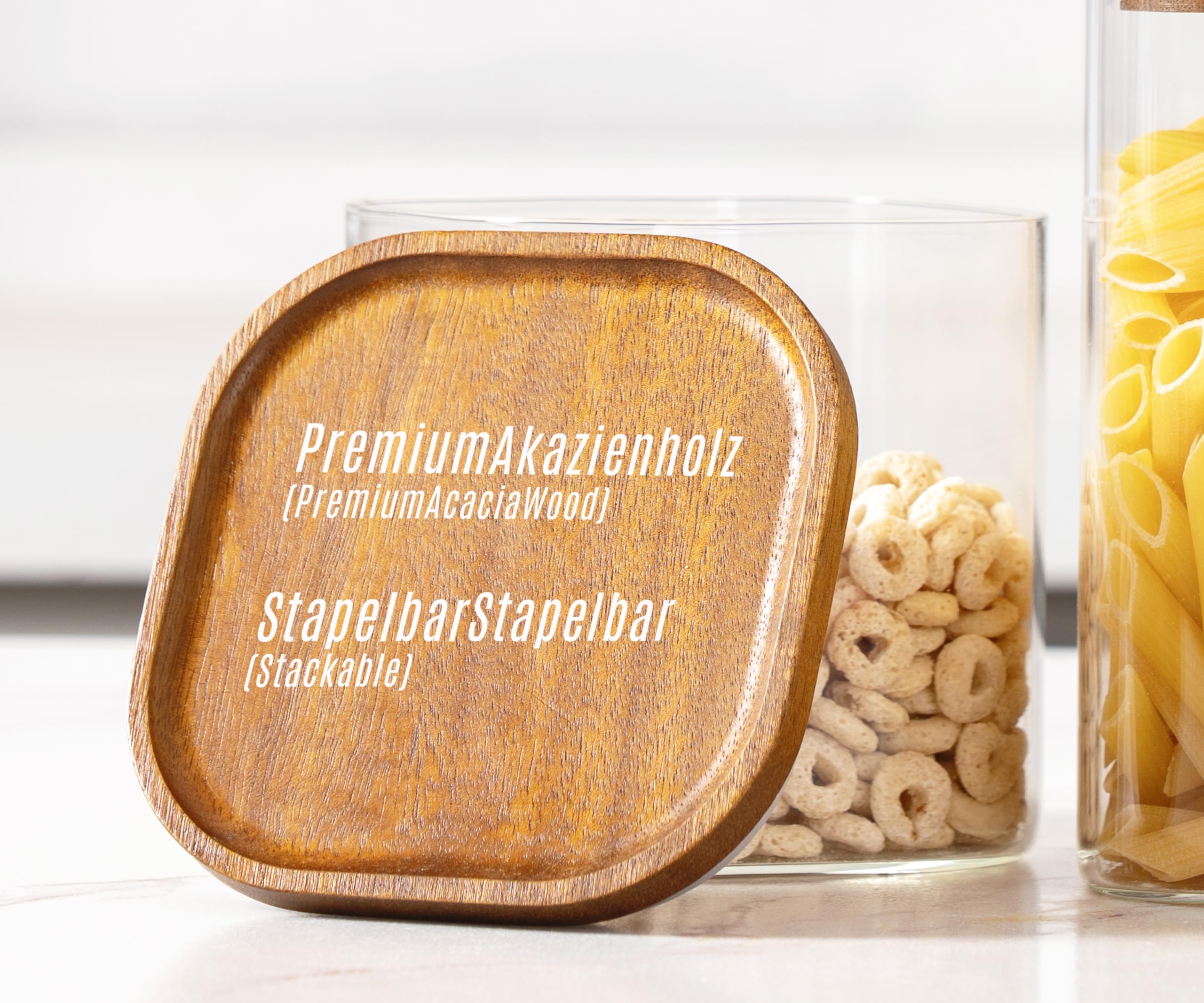 QuaLife Lot de 4 bocaux de conservation (650 ml) – Verre borosilicate avec couvercle en bois d'acacia, hermétiques et empilables, bocaux carrés pour café, thé, épices et aliments