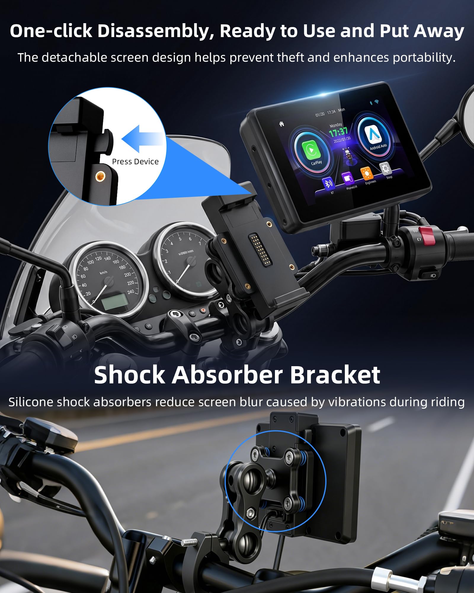 100% Universell Motorrad Carplay mit Netzteilhalterung Motorrad Navigationsgeräte mit Motorrad Navi CarPlay & Android Auto Wasserdichter 5-Zoll-Motorrad-Touchscreen,Plug & Play,1000 nit