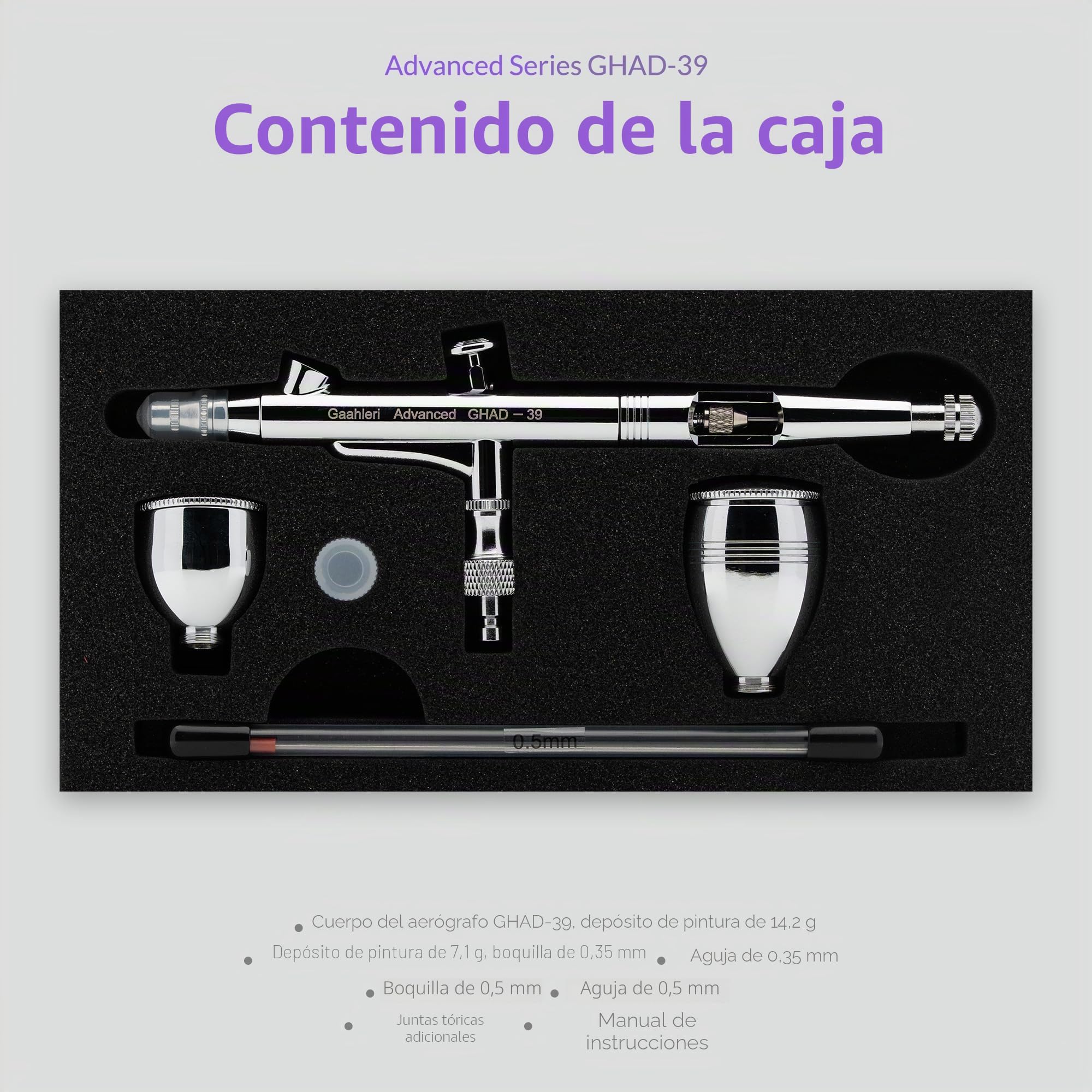 Gaahleri Kit de aerógrafo, pistola de aerógrafo de doble acción de gravedad de 1/2 y 1/4 onzas, aguja de 0.35 y 0.5 mm, juego de cepillo de aire rentable para maquillaje, arte de uñas, pintura modelo,