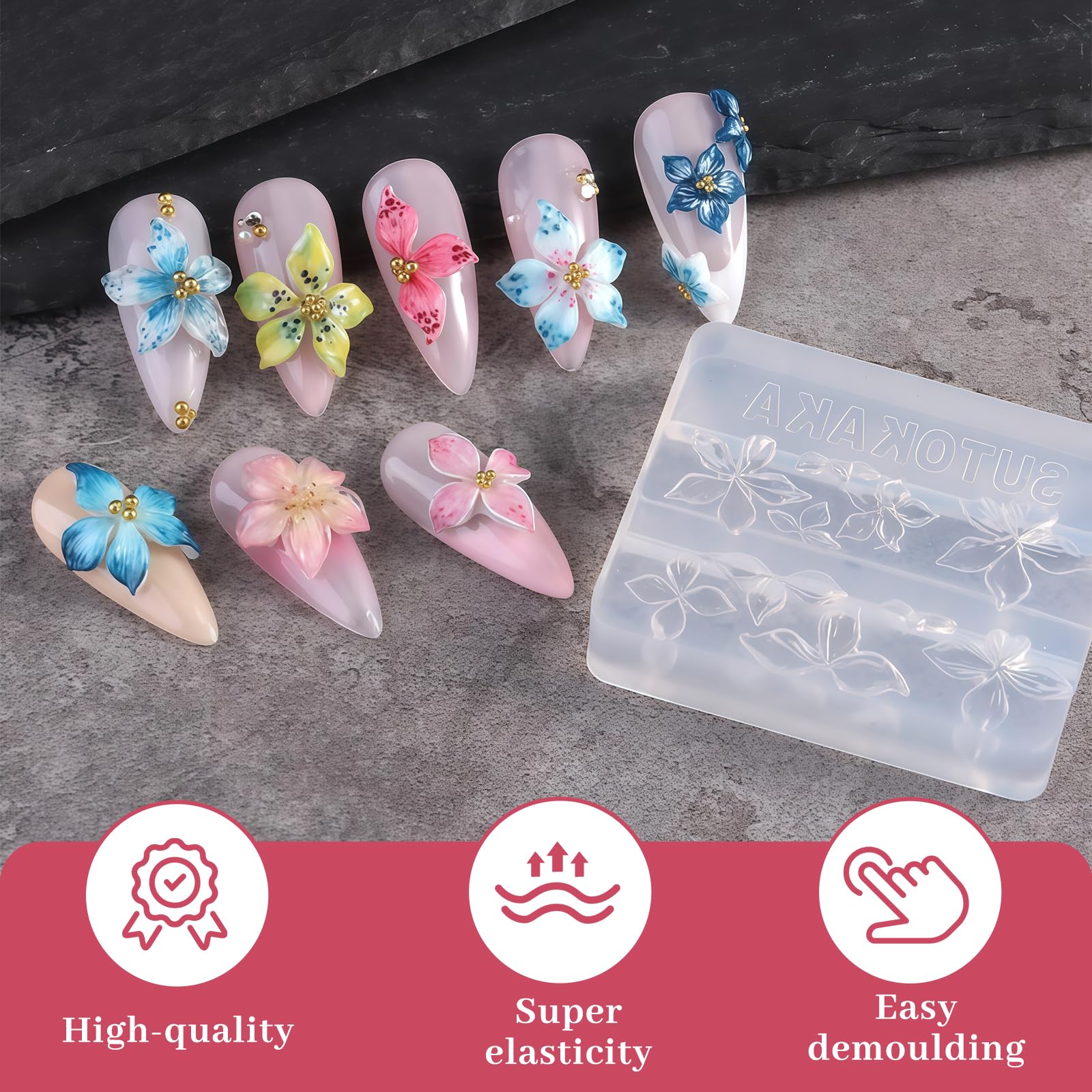 Nails Mold, Stampo per Unghie per Nail Art con Forma in Silicone a Fiori, 3D Gel Nail Art Stampo per Accessori DIY Manicure