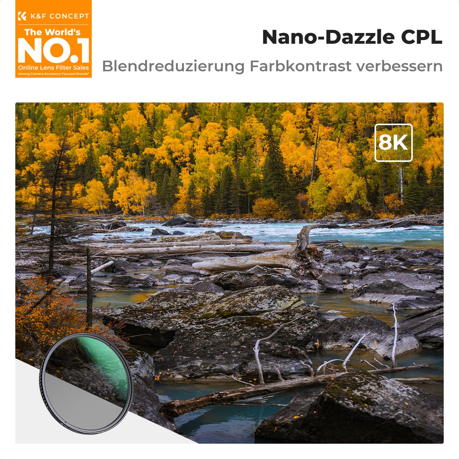 K&F CONCEPT 72mm Polfilter Filter für tiefere Farben, Reduzierung von Blendung und Reflexionen, Optisches Glas mit Multi-Nano-Beschichtung (Nano-Dazzle)