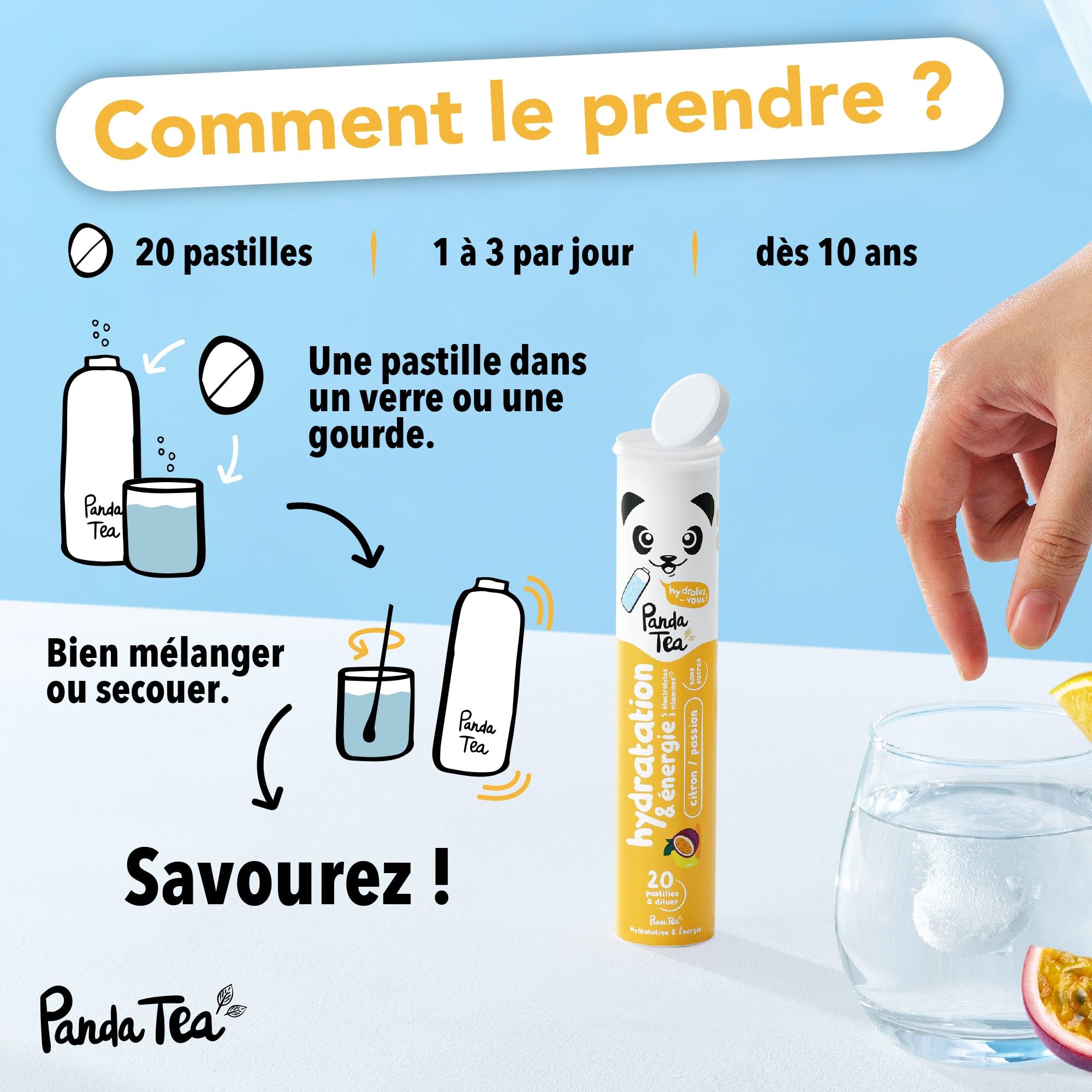 Panda Tea - Hydratation & Énergie - Citron et Passion- 60 Pastilles sans sucre - Electrolyte Ultra Hydratation - Idéale pour le Sport et le Quotidien