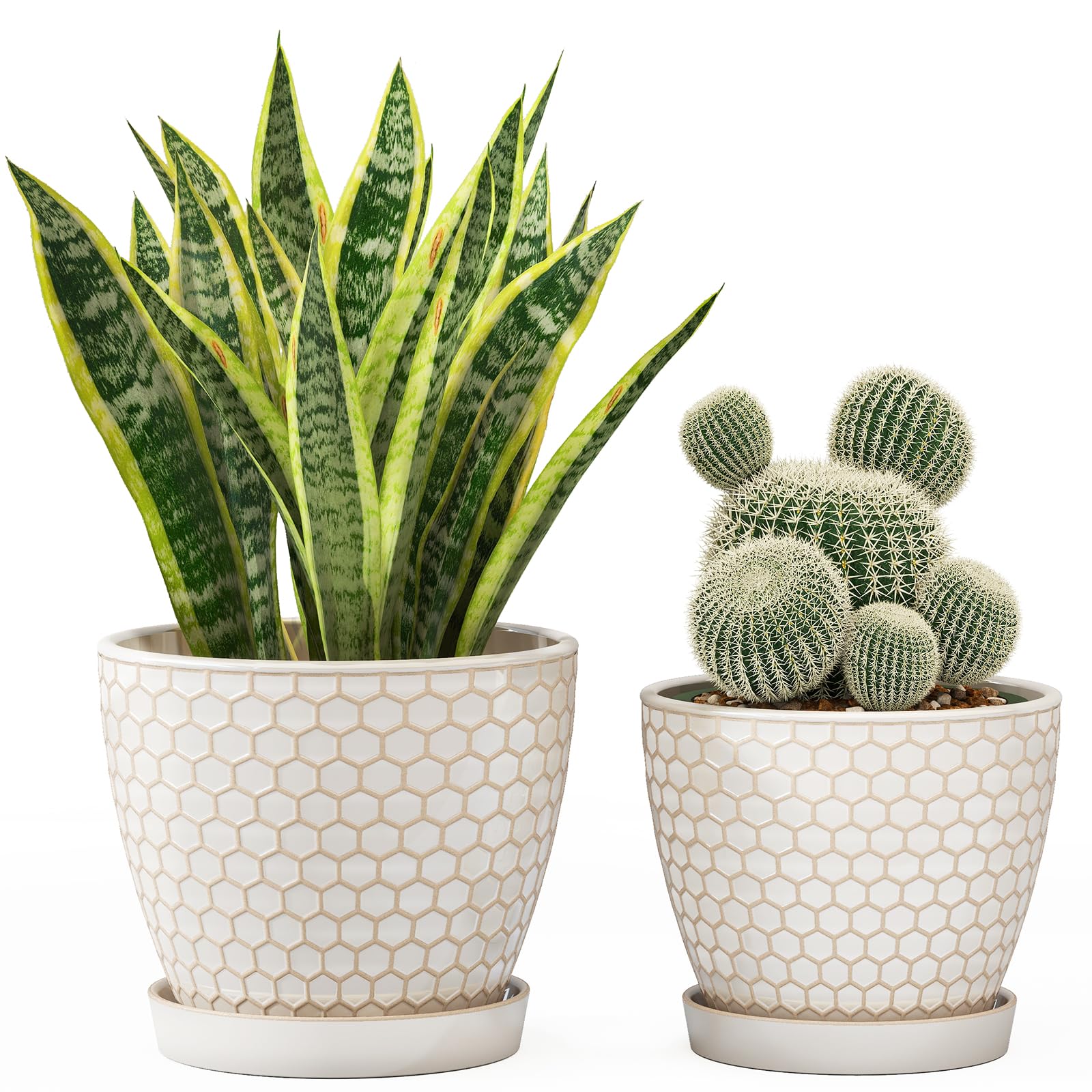 Docrin Ceramic Plant Pots Indoor, 6.6 + 5.5 Inch Planters with Drainage Holes and Saucer for Home/Office - Set of 2 /Milky White Honeycomb