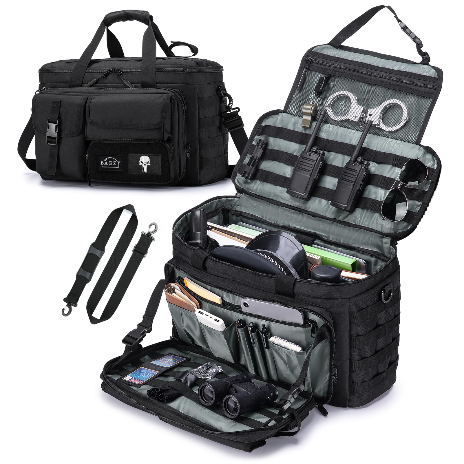 Bolsa Táctica MOLLE Policía, Organizador Coche Asiento con Portátil 15.6" | 3-en-1: Organizador de Coche, Bolsa Táctica y Mochila de Hombro. MOLLE para Linterna y Radio. Oxford Material Impermeable.