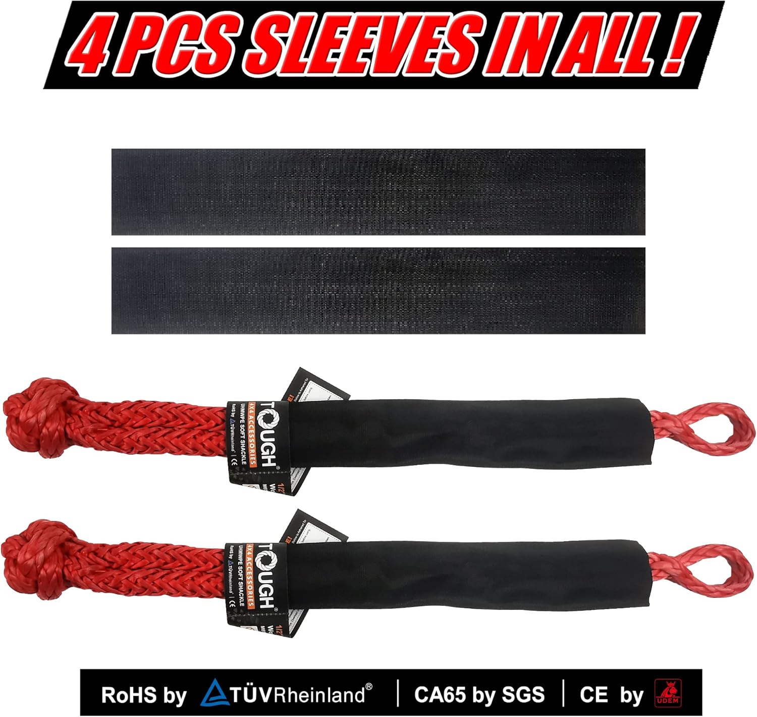 TOUGH 2 Pcs Synthetic Soft Shackle 1/2 x 22 Inch (55,000lbs Breaking Strength) Rope Shackle with 4 Sleeves for Sailing SUV ATV Truck Jeep Off Road Recovery (1/2" X22" Plus, Red 2-Pack, 2)