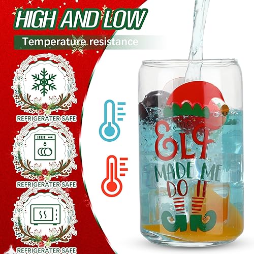 Miniatura 3 de Juego de 12 vasos de vidrio de Navidad con tapas de bambú y pajita, vasos de Navidad de 16 onzas, lata de helado de Navidad, lindos frascos de