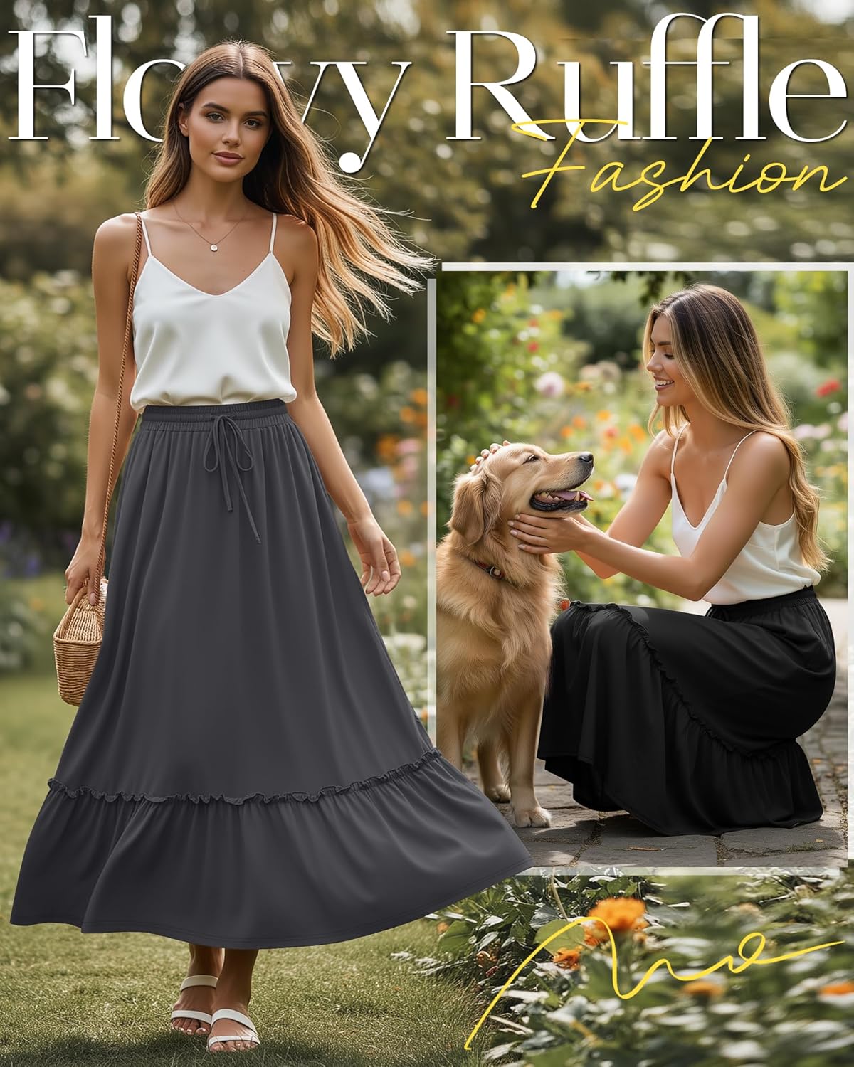 Ficerd 3 Pack Women's Boho Maxi Skirts, Long Tiered Skirt Flowy Ruffle High Waist Drawsting Casual Dress with Pockets - Image 4