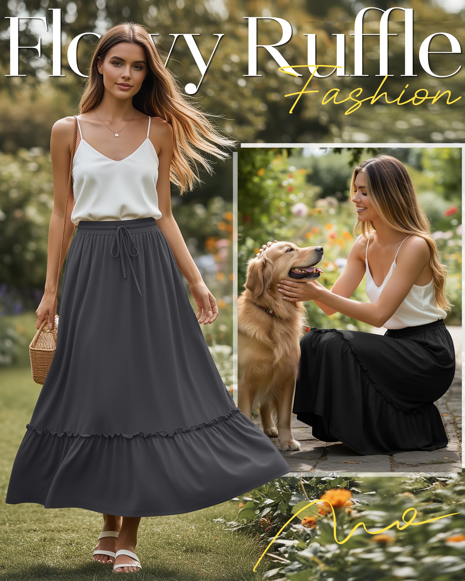 Ficerd 3 Pezzi Gonne Maxi Boho da Donna, Gonne Lunghe a Strati Fluide con Volant, Vita Alta con Coulisse Regolabile e Tasche