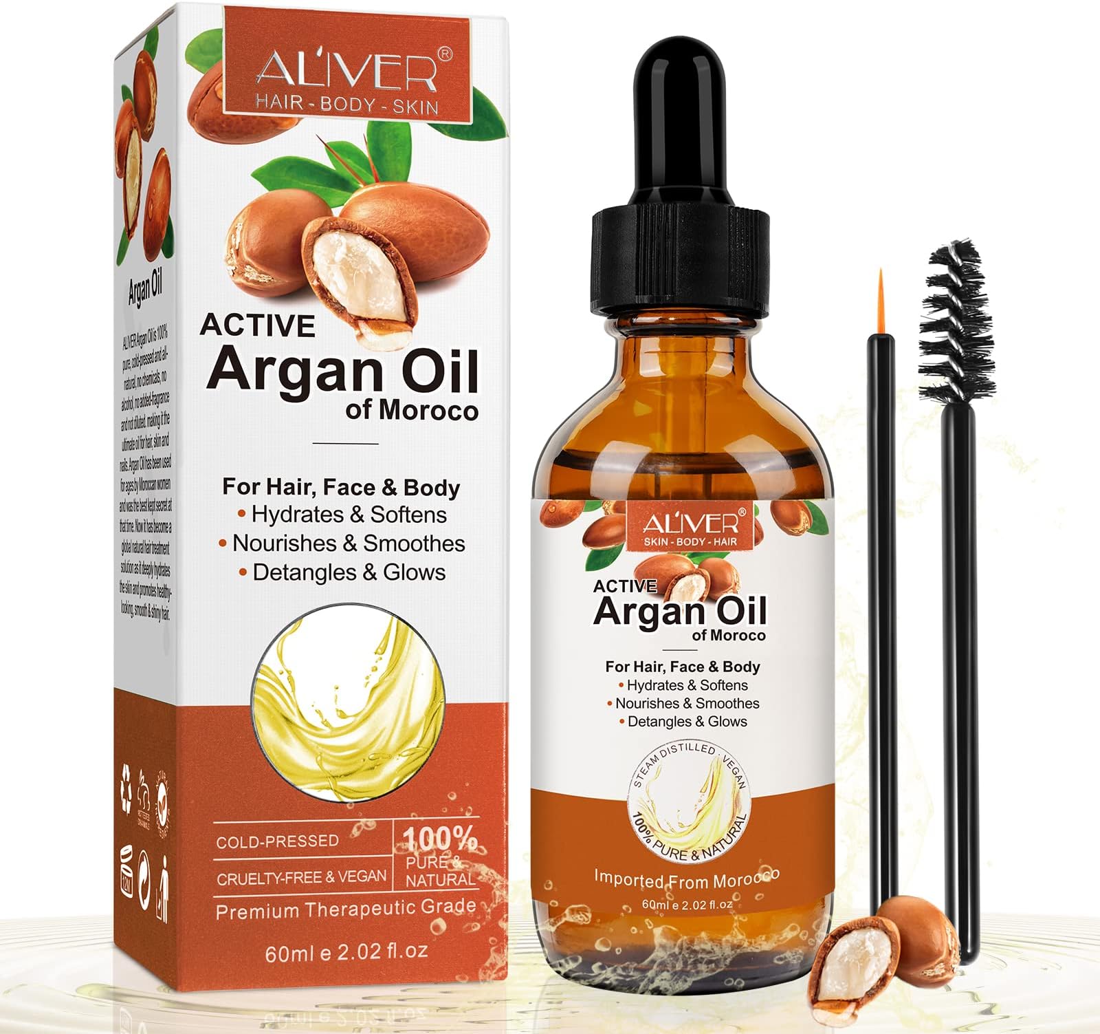 Organic Argan Oil–100% Organic & Pure Argan Oil for Hair, Face &Body 60ml with Eyebrow&Eyeliner Brushes –Rich in Vitamin E for Skin, Hair & Nails |Damaged Hair | Nourishes And Moisturises Dry Hair