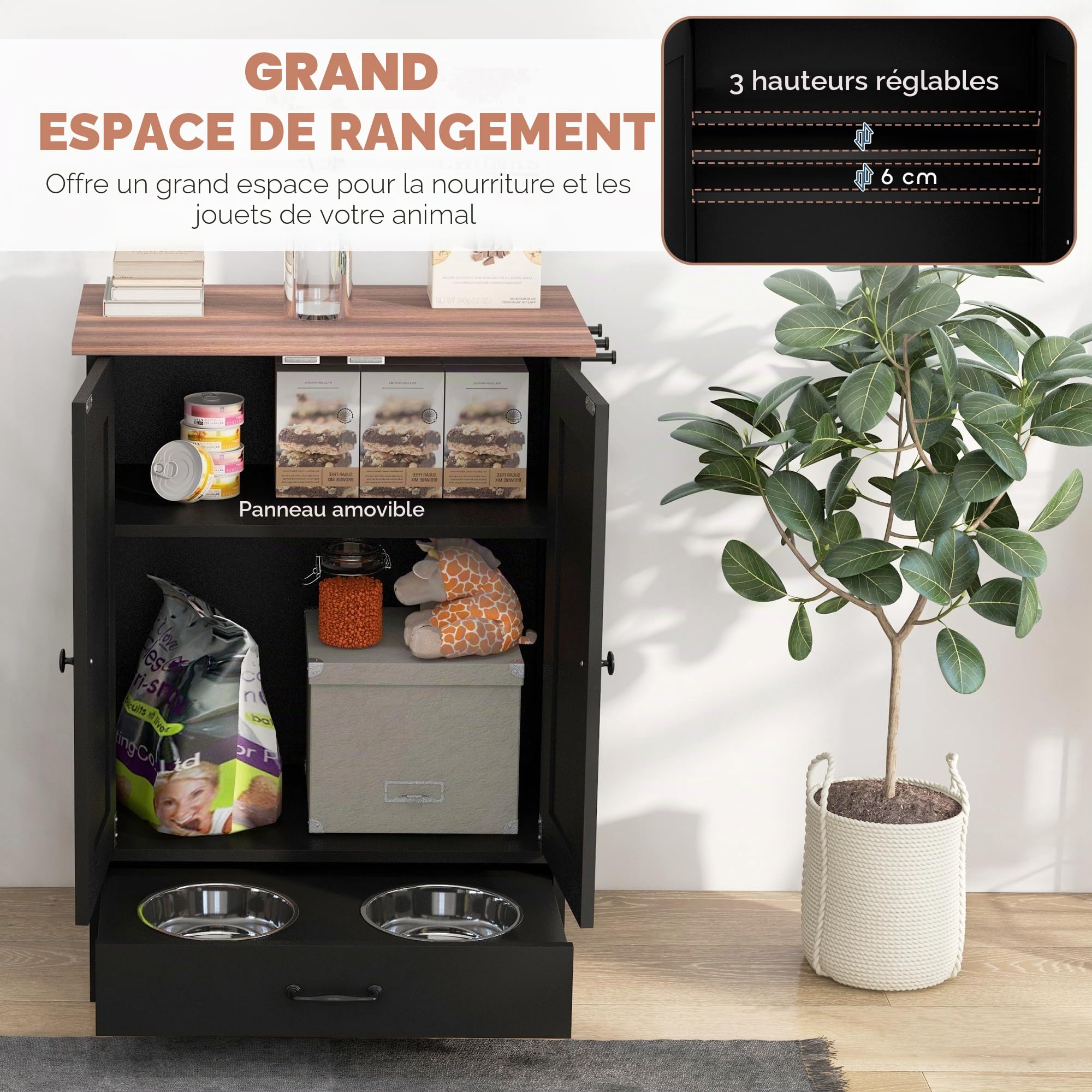 PawHut Station d'alimentation pour Animaux avec Rangement, Station d'alimentation pour Chiens avec gamelles surélevées, Panneau réglable, Crochets, Armoire de Rangement pour Aliments pour Animaux,