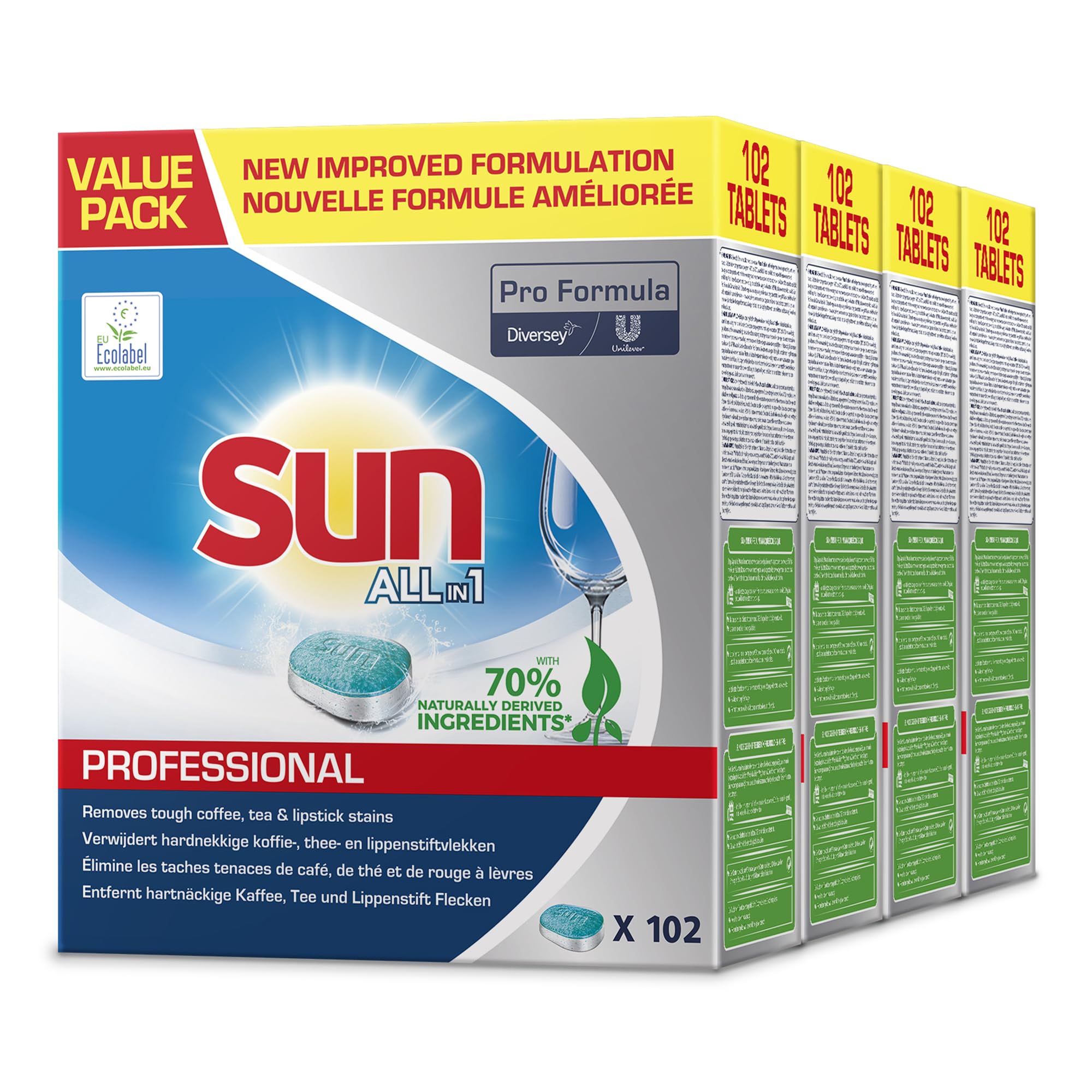 Sun Pro Formula All in 1 Spülmaschinentabs – Kraftvolle Premium Tabs für die Spülmaschine für mühelose Reinigung, Geschirrspültabs für strahlenden Glanz, 4 x 102 Tabs