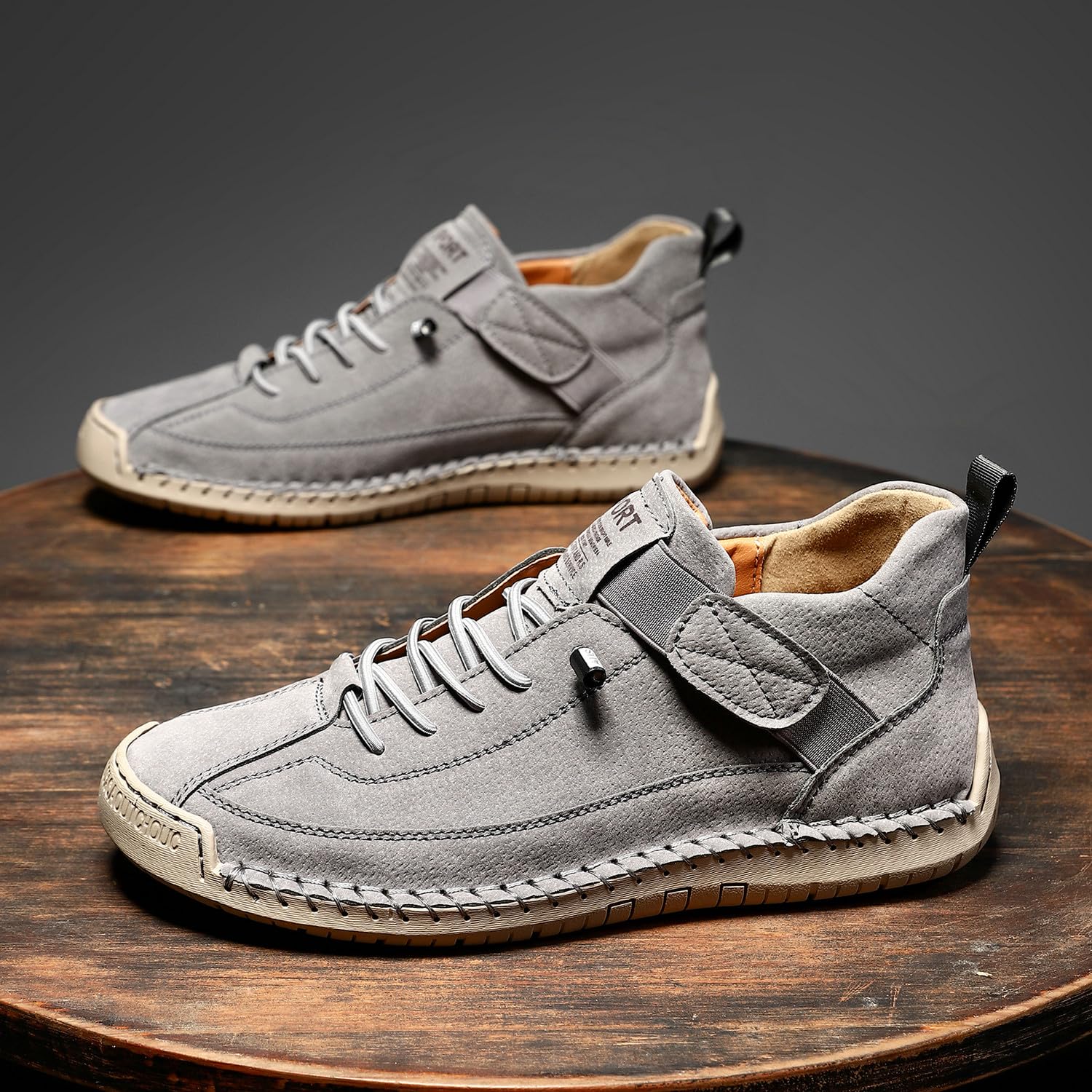 Stivaletti da uomo in pelle, con cuciture a mano, con fascia elastica regolabile, invernali, casual, antiscivolo, mocassini da passeggio retrò alti