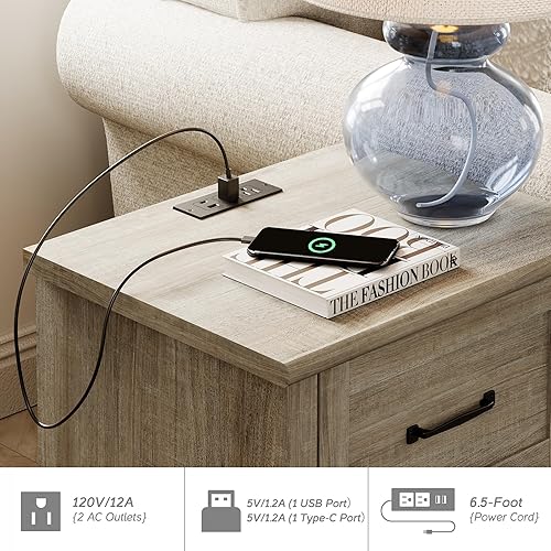 Miniatura 32 de WAMPAT Mesita de noche con estación de carga, mesa auxiliar de granja para sala de estar con 2 cajones, mesita de noche de madera natural para