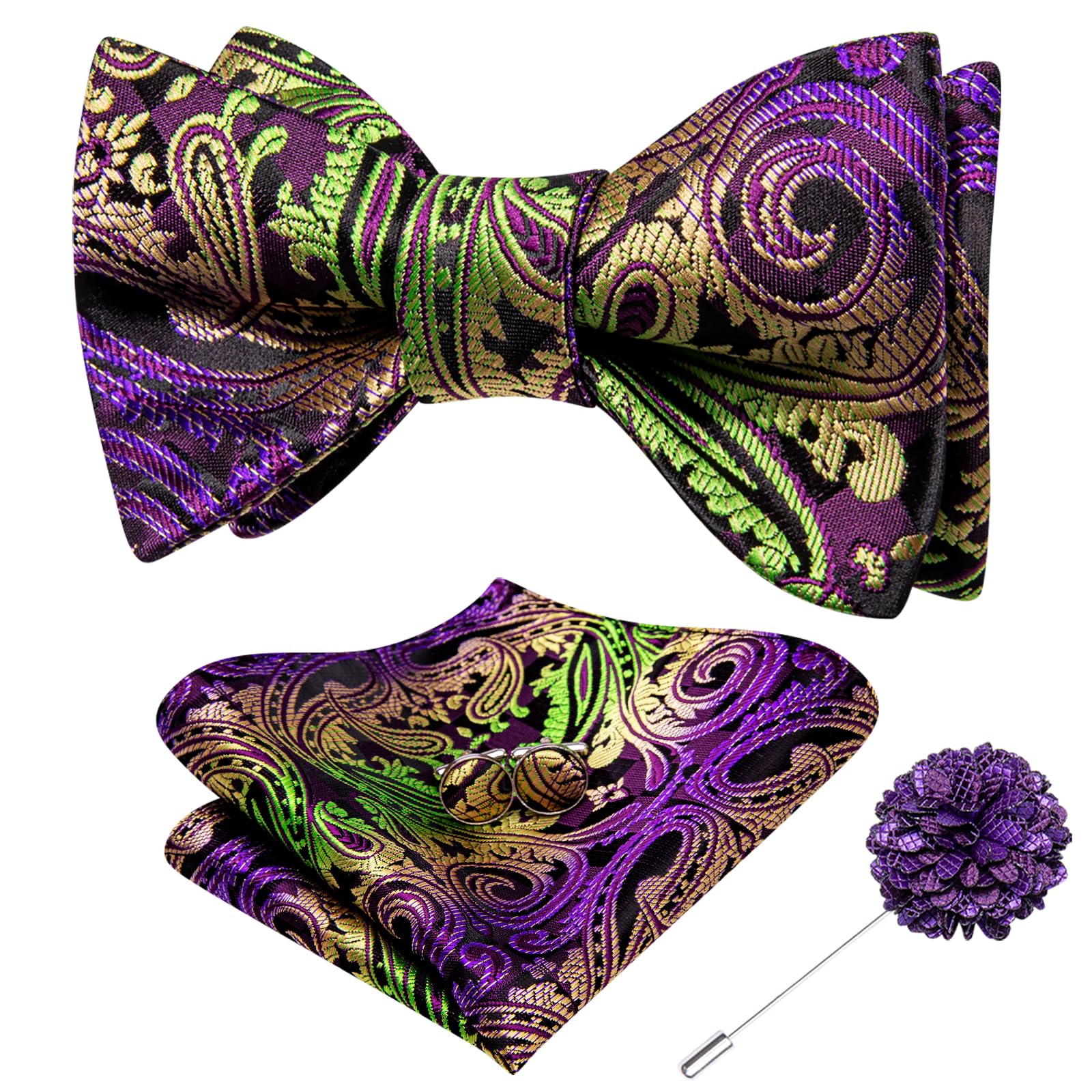 Dubulle Self Tie Bow Ties for Men Silk Paisley Bowtie Lapel Pin Set