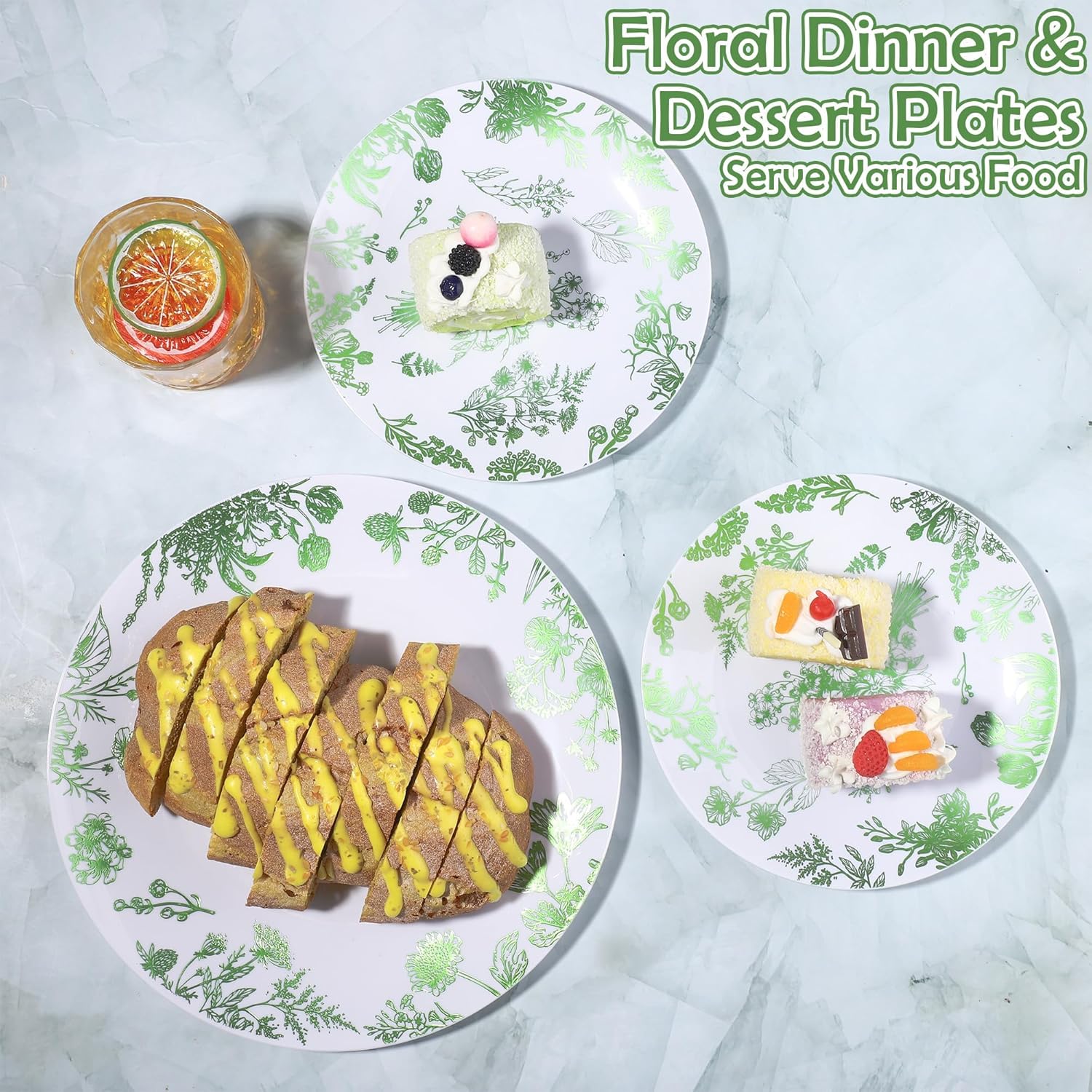 Kochorie 72 Pieces White & Green Floral Disposable Plastic Plates, 10.25" and 7.5" Dinner and Dessert Plates Serving Dish Tray Heavy Duty Party Tableware Supplies for Weddings Birthdays