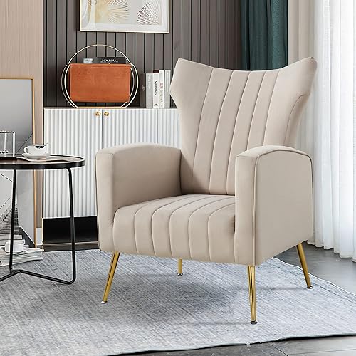 JARKUZ Wingback - Silla decorativa con brazos moderno sofá individual de terciopelo con patas de metal dorado cómoda silla de lectura tapizada para