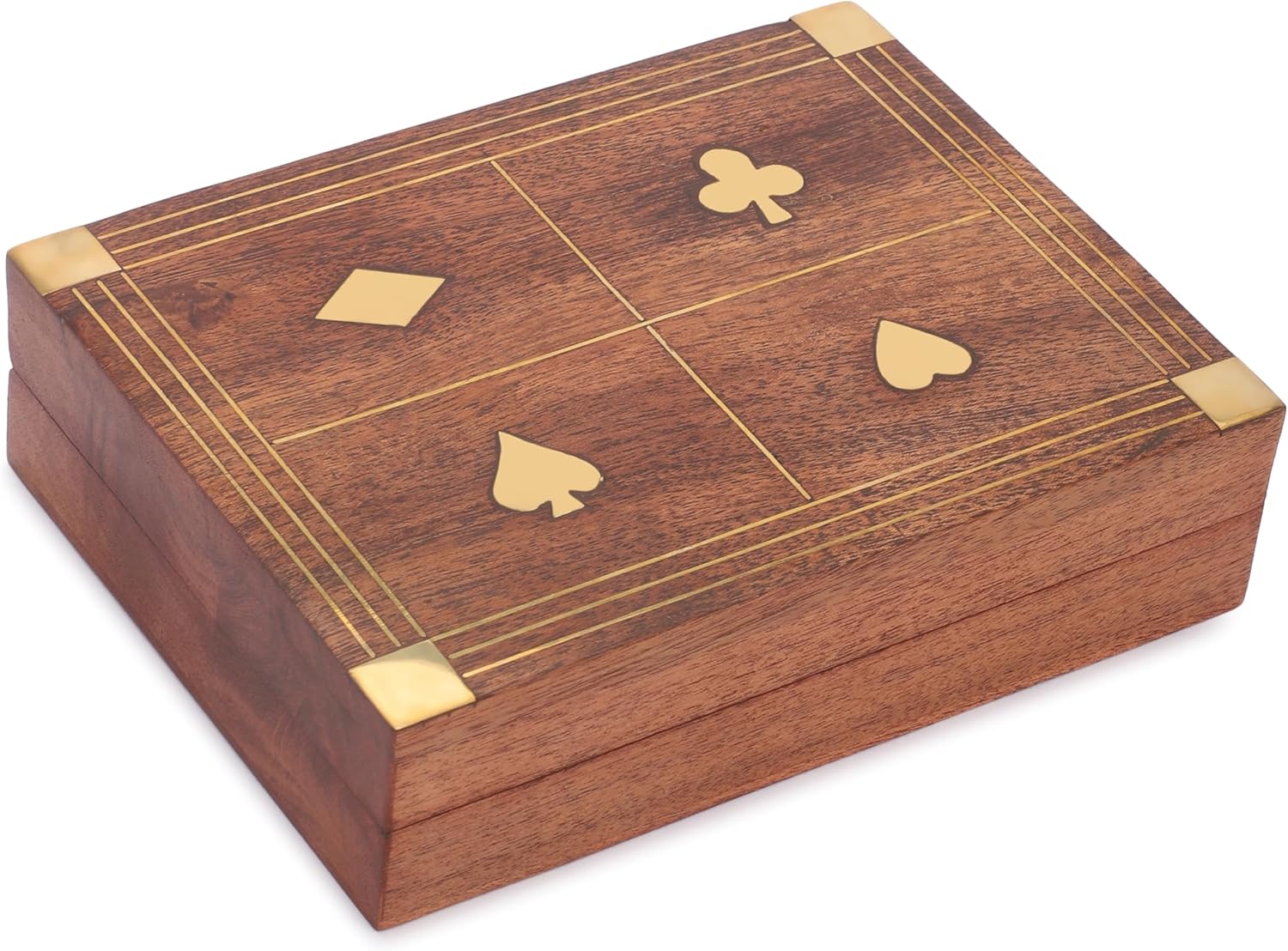 Ajuny Handcrafted Decorative Wooden Double Deck Playing Card Box Holder Storage Case Organizer Brass Inlay With 2 Packs of Playing Cards Anniversary Housewarming Gifts