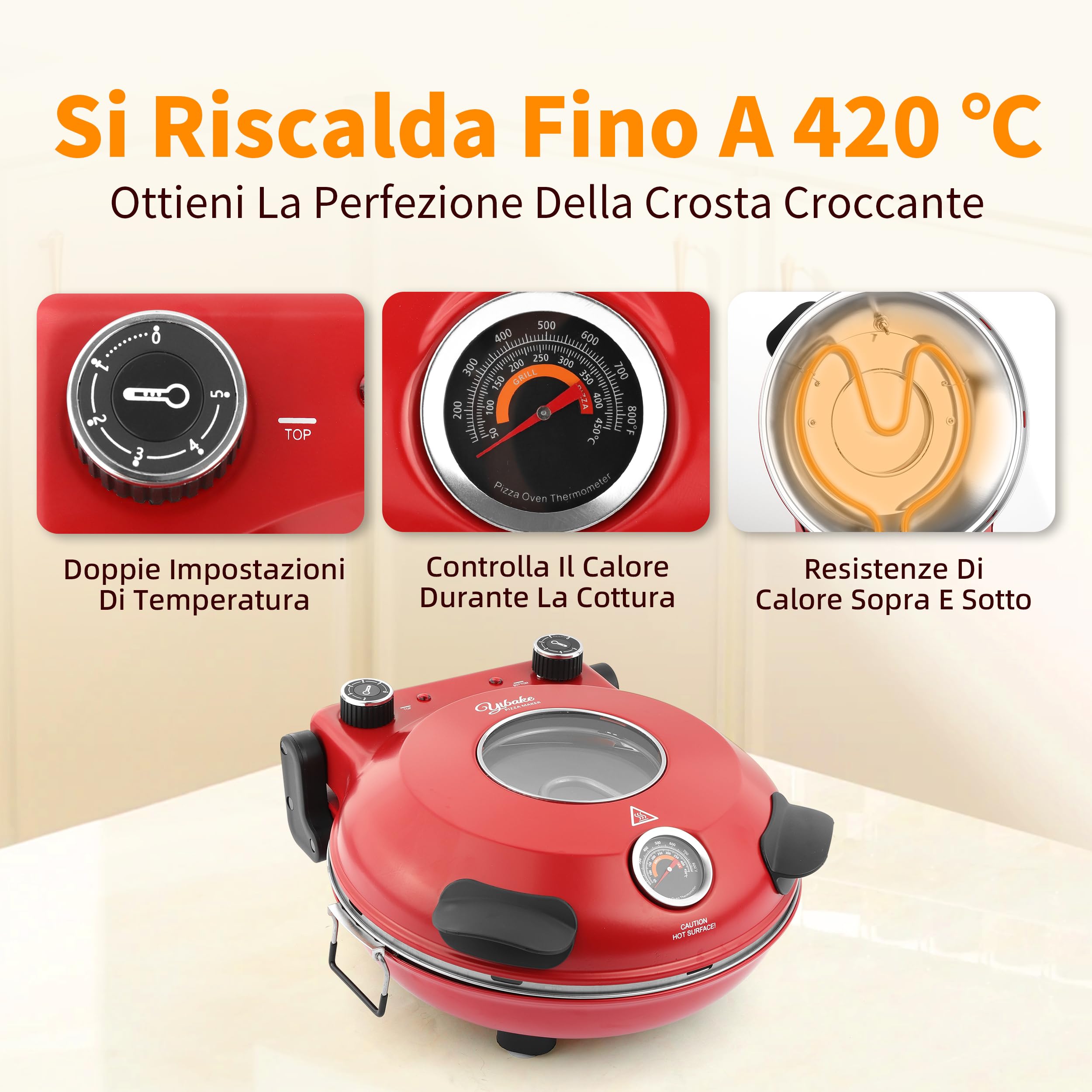 Forno Elettrico per Pizze, Pizza 4' Minuti, Φ 31cm Piastra Pietra Ceramica, Max 420℃ Forno Pizza con 5 livelli di cottura, inkl. Pala per Pizza, Raschietto e Ricette