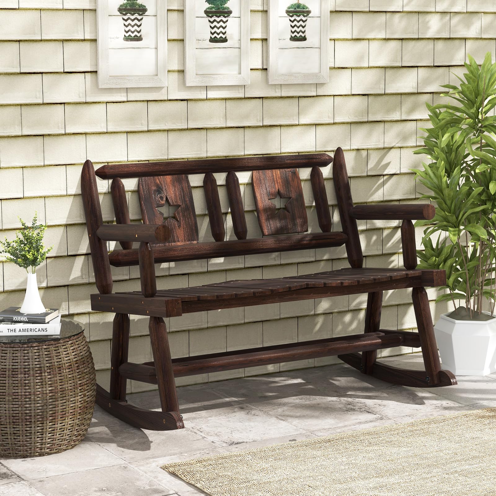 COSTWAY Banco Mecedora Jardin Exterior de 2 Plazas, Banco Madera Carbonizada con Respaldo y Reposabrazos, Banco Jardin Patio Terraza Porche, Carga 320 kg, 111 x 85 x 89 cm, Marrón Rústico