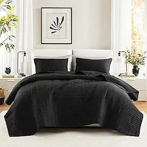 Comfort Spaces Kienna Quilt Set- Double Sided Stitching Design Summer Blanket, Lightweight, Soft, All Season Bedding Layer, Matching Sham, Black, Coverlet King (104"x90") 3 Piece