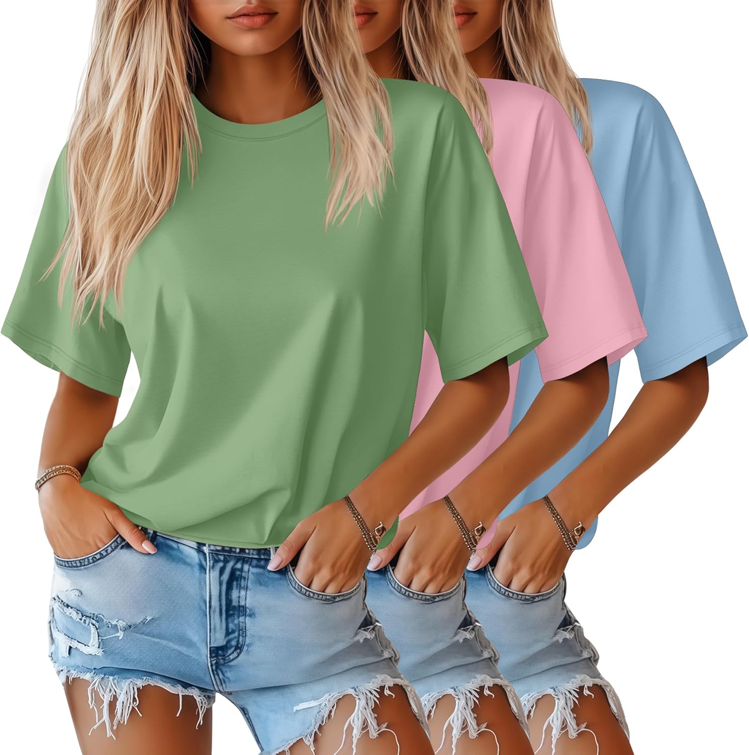 Huukeay 3 Pack Women's Half Sleeve T-Shirts, Crew Neck Elbow Length Tops Loose Casual Basic Tees Summer Cotton Tunic Tops
