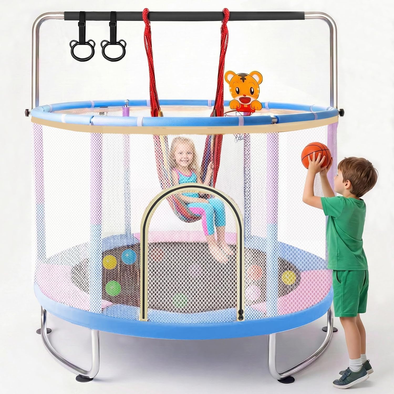 1.5m Kindertrampolin, Multifunktionales und Verstellbares mit Basketballkorb, Schaukel und Klimmzugringen, Geeignet für Innen- und Außenbereich zum Geburtstag