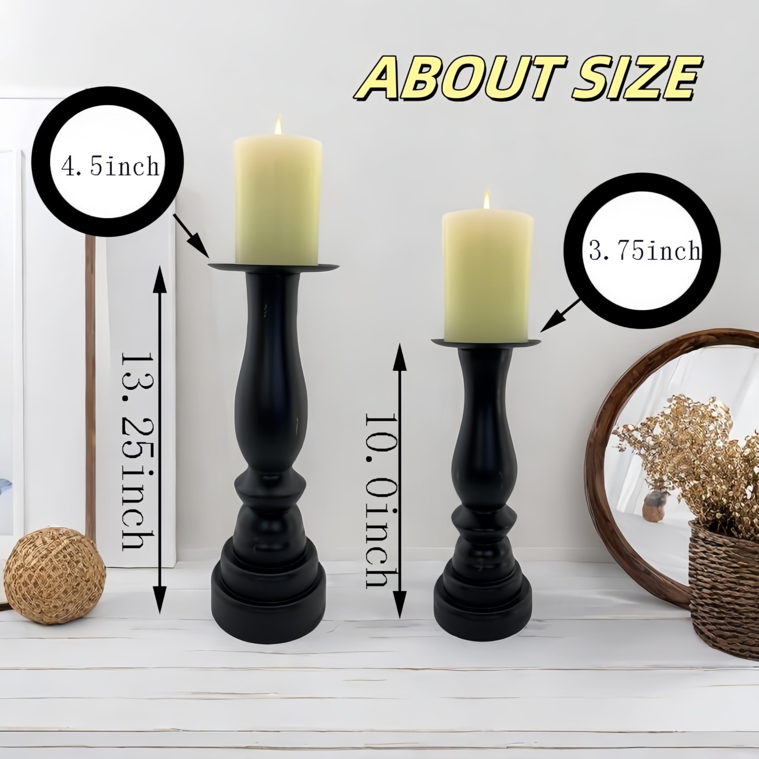 Portavelas de pilar desgastado negro – Portavelas alto de madera para velas de batería – Portavelas grande de granja de pilar juego de 2 piezas