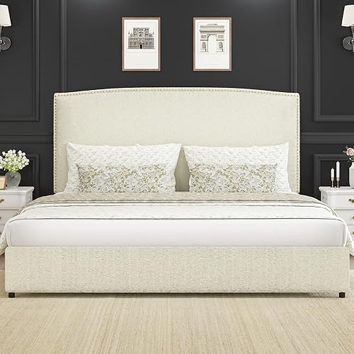 Miniatura 11 de Base de cama tamaño matrimonial con cabecero, plataforma tapizada de 56 pulgadas con ribete de cabeza de clavos, tela suave de bucle, no necesita