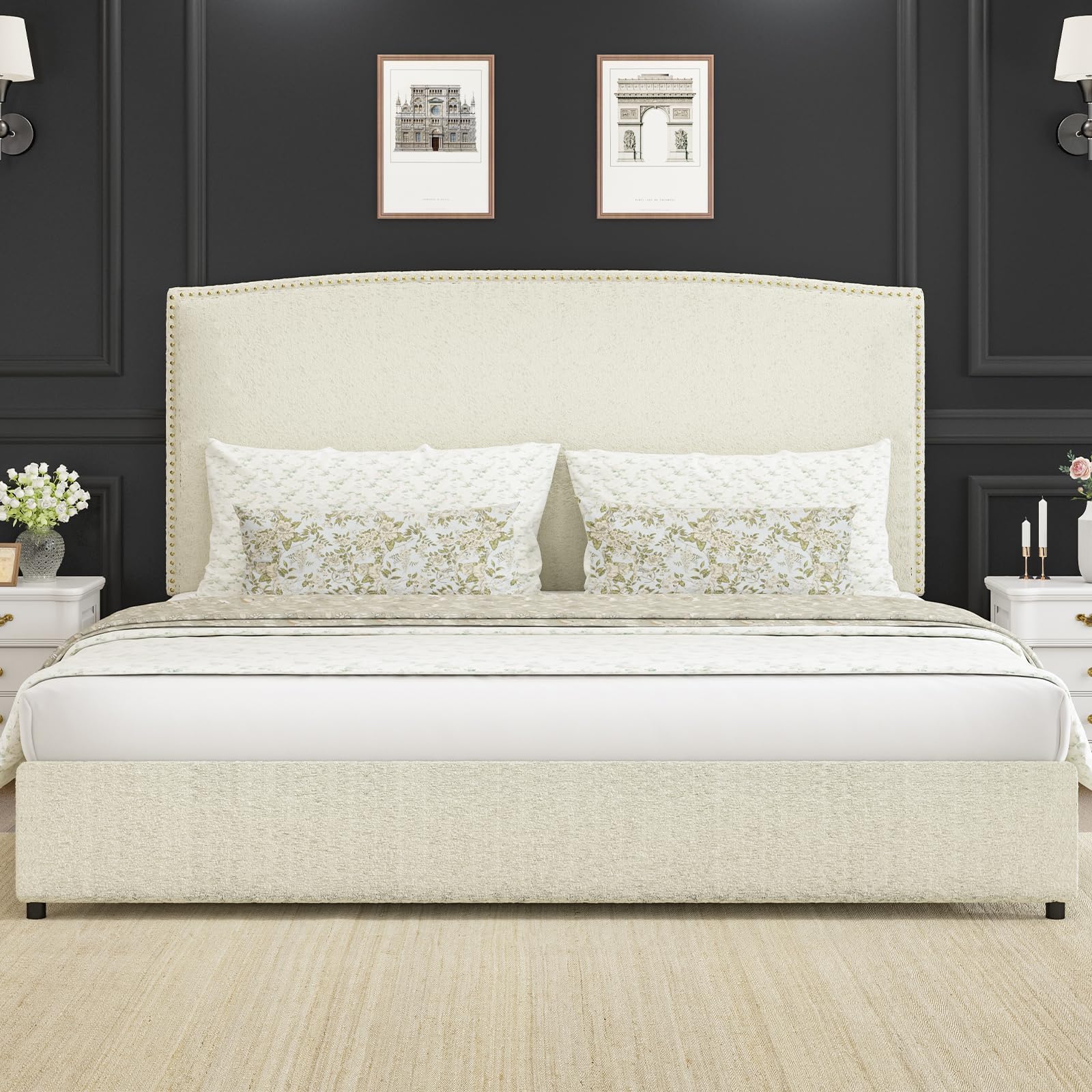 King Size Bed Frame with Upholstered Headboard, 56" Modern Platform Bed, Soft Boucle Fabric & Gold Nailhead Trim, No Box Spring Required, Beige