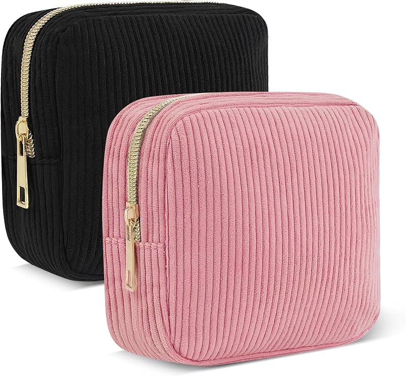 NANDADEVI Necessaire de Maquiagem em Veludo Cotelê com Zíper, Preta e Rosa, Pacote com 2