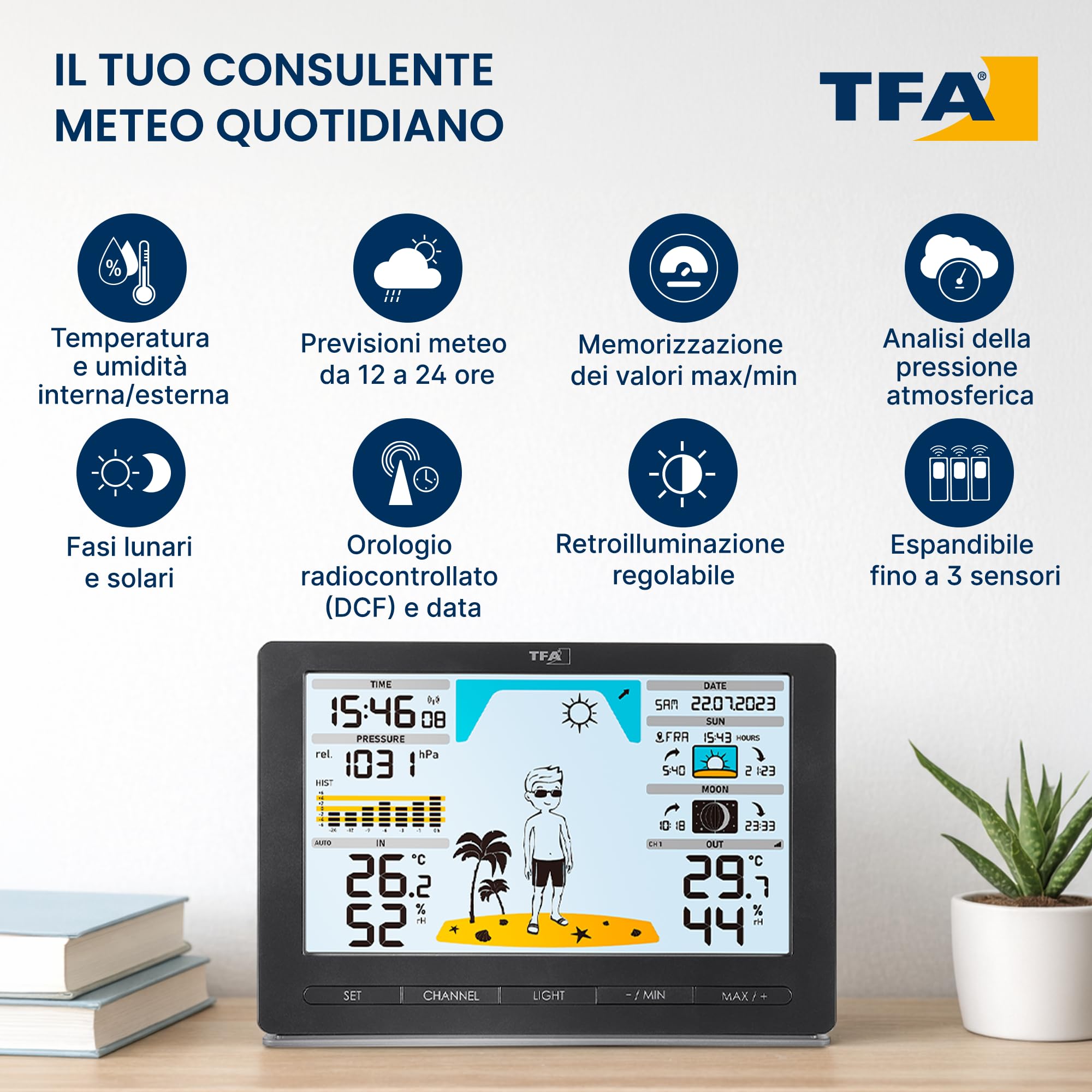 TFA Dostmann Stazione Meteo Wireless METEO JACK, 35.1097.01, con Sensore Esterno Radiocontrollato, Previsioni del Tempo, Pressione Atmosferica, Fasi Lunari, Orologio Radio, Nero