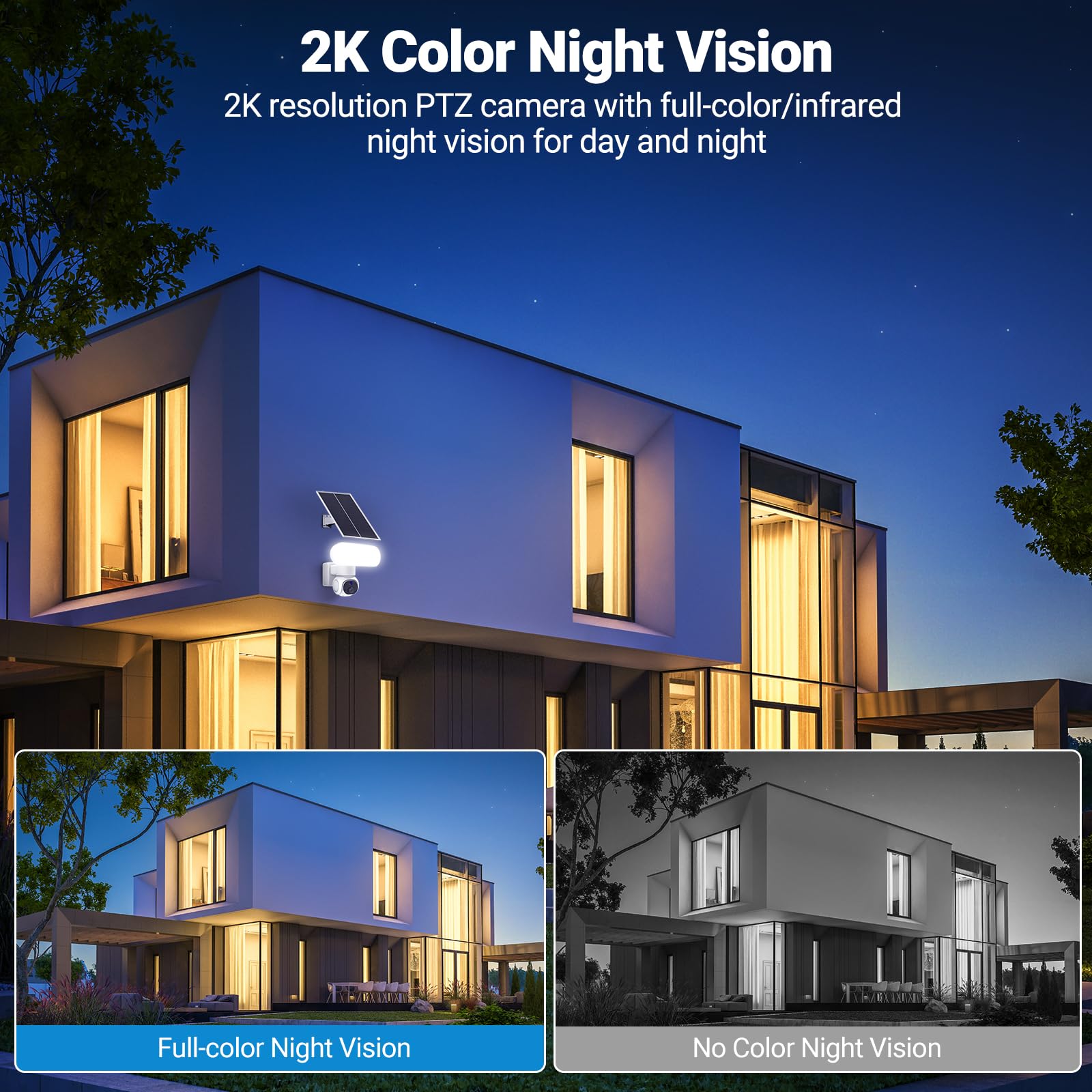 Cámara de seguridad solar para exteriores, cámara de seguridad WiFi con panel solar, seguimiento automático, visión nocturna a color
