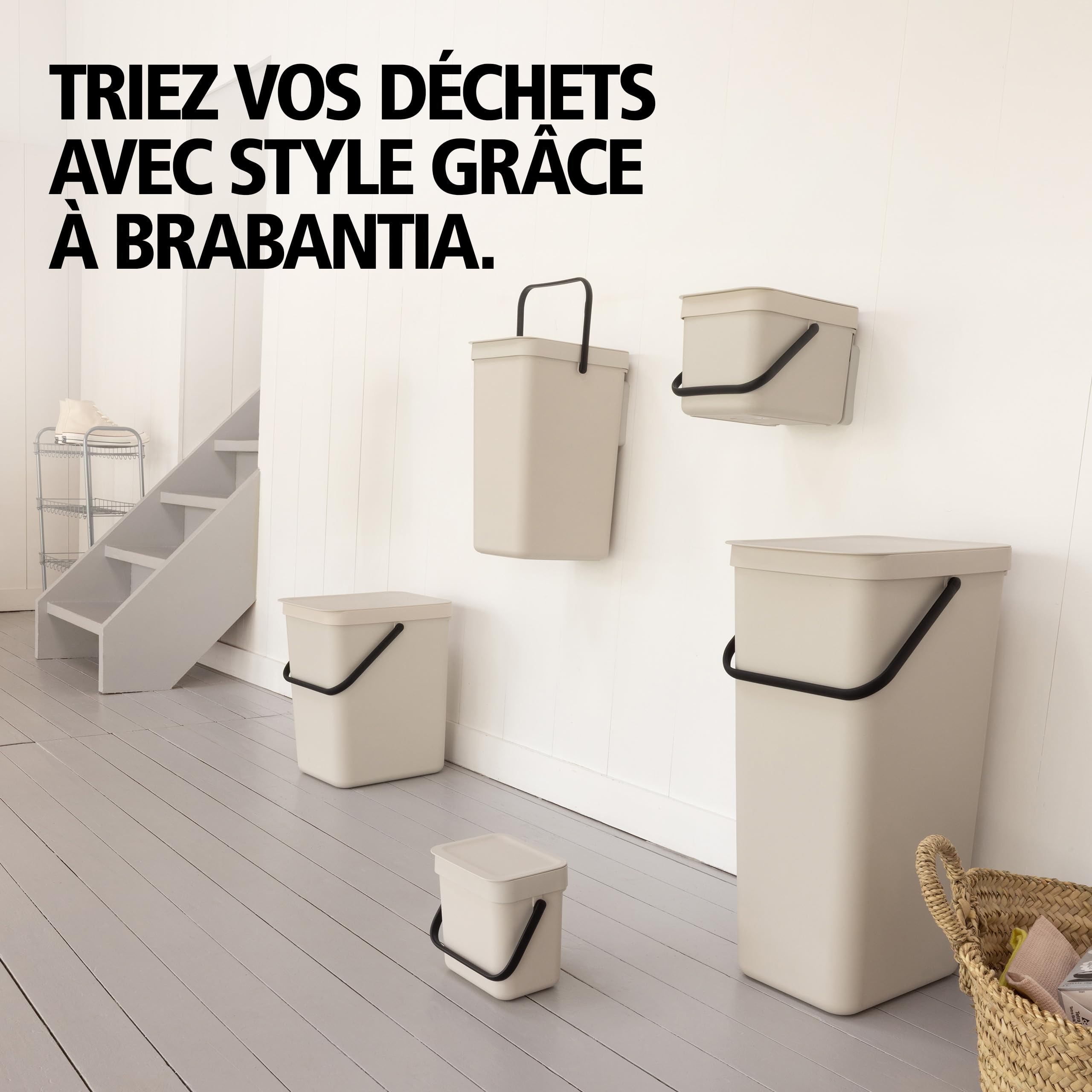 Brabantia Poubelle Sort & Go 40L (Beige clair) – Système de tri des déchets avec poignée de transport, couvercle amovible et à ouverture permanente – Poubelle cuisine à nettoyage facile sans rebords