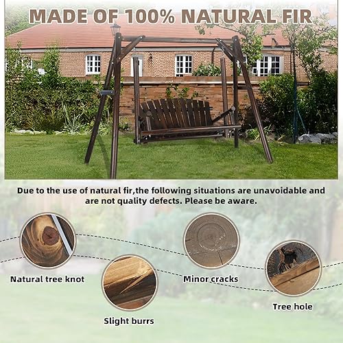 Miniatura 7 de Columpio de porche de 2 asientos, troncos de madera para patio con soporte, silla columpio de madera rústica con respaldo curvo, columpios de madera