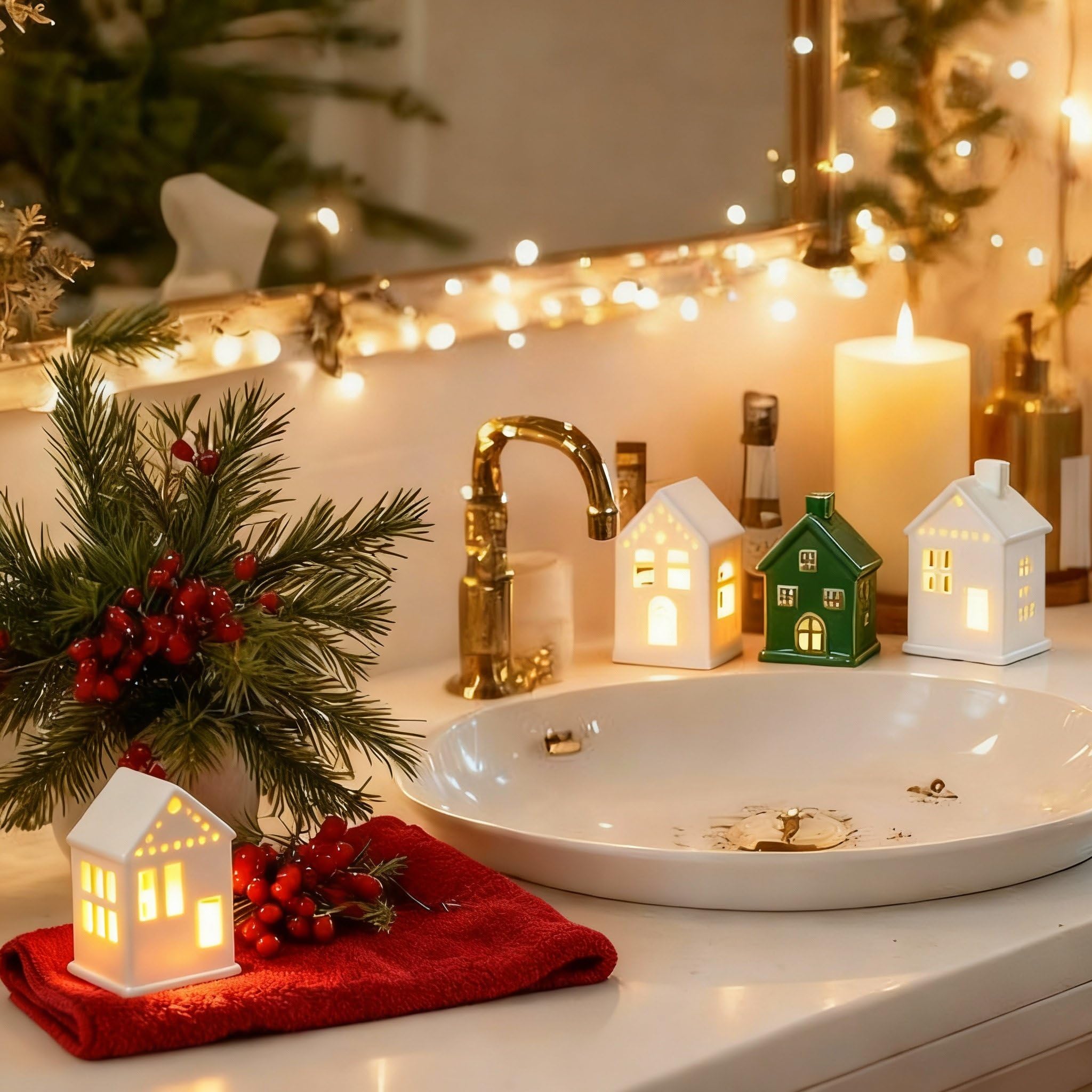 Vesici Weihnachtsdorf-Set, LED-beleuchtete Keramik-Dorfhäuser, Urlaub, Miniatur-Porzellan-Hausfiguren, Dekorationen für Zuhause, Tischplatte, Kaminregal, Dekoration (Grün und Weiß), 6 Stück