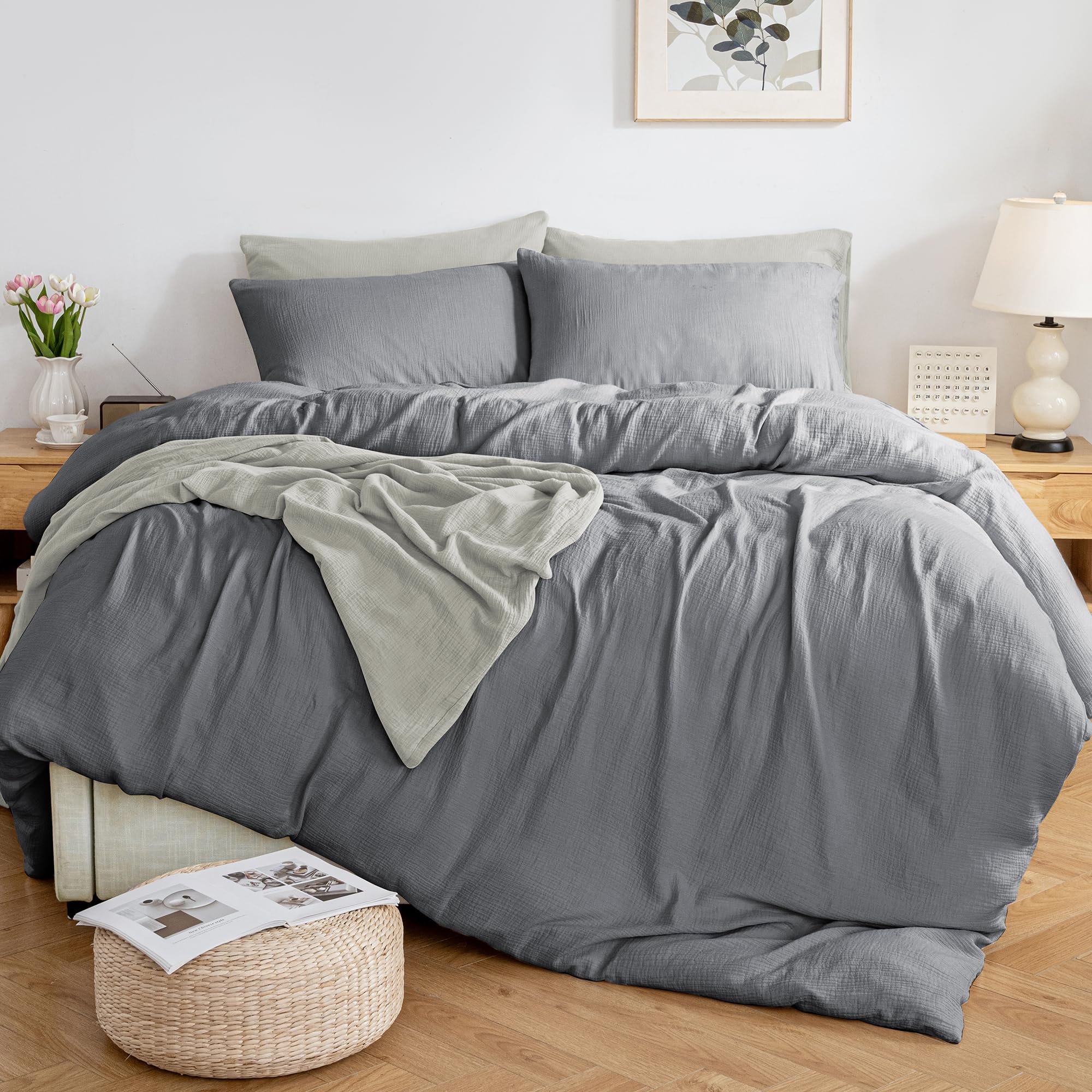 MILDLY Muslin Duvet Cover Queen - 100% Washed Cotton Linen Like Gauze Comforter Cover 3 Pieces Breathable & Lightweight for All Season