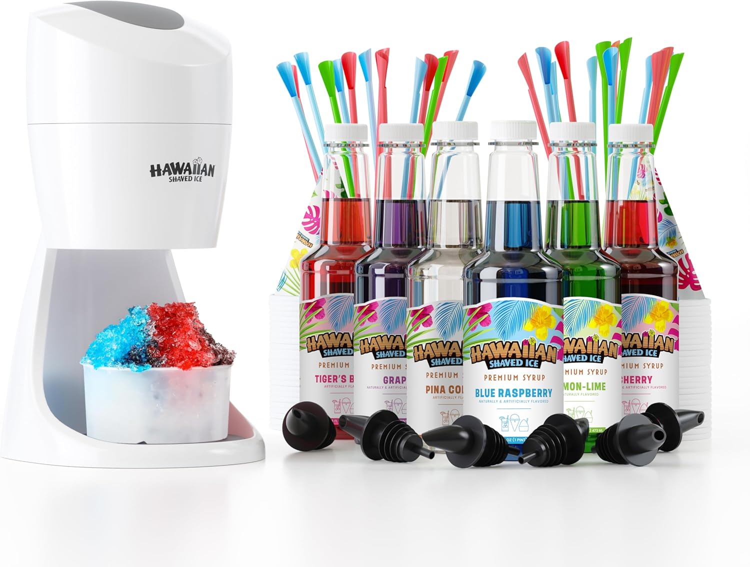 Hawaiian Shaved Ice S900A Shaved Ice Machine with 6 Flavor Snow Cone Syrup Kit, Also Includes Paper Cups, Spoon Straws, and Bottle Pourers for Easy Dispensing