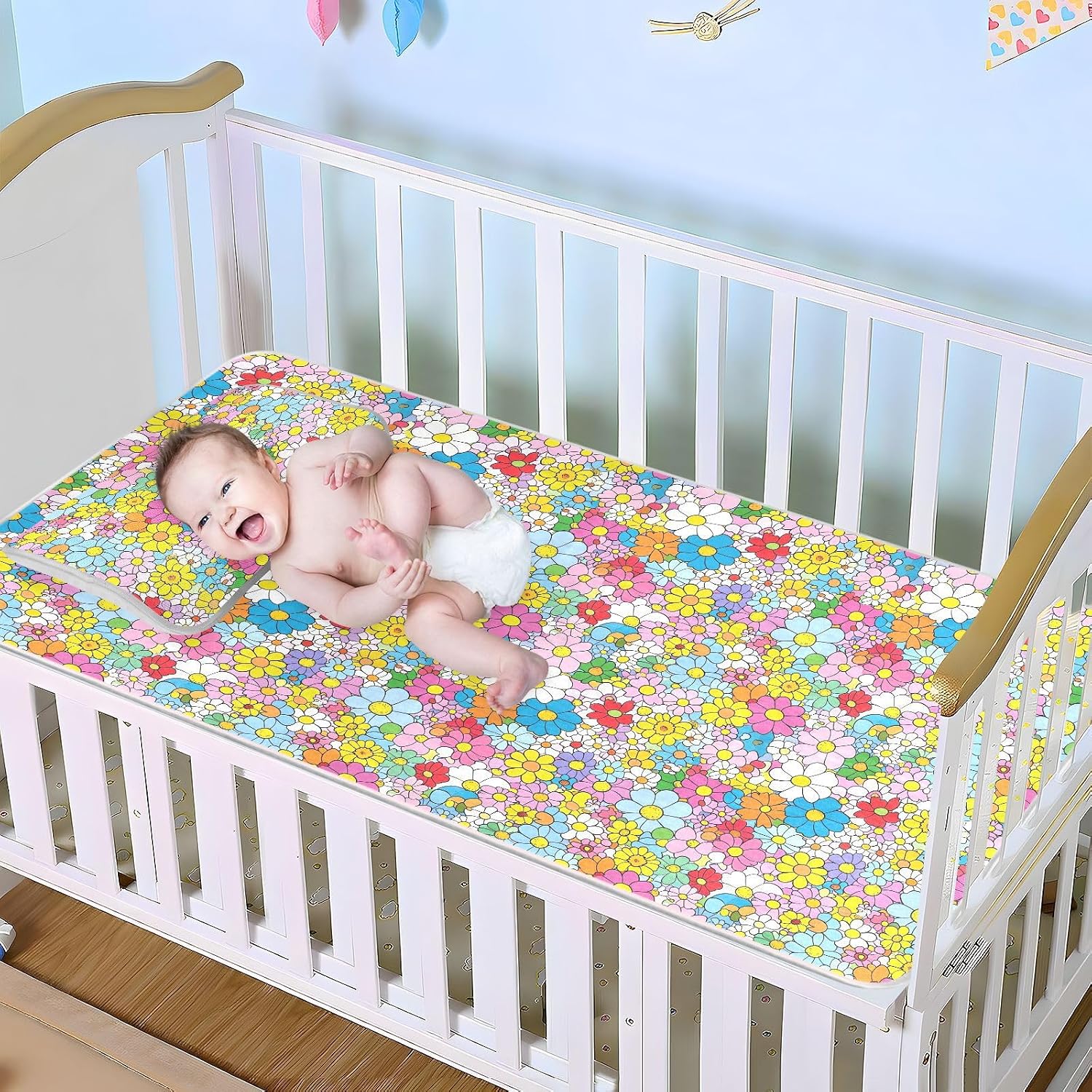 Colorful Flowers Minimalist Cooling Baby Bed Mattress Protector 28" x 52" Ultra Soft Crib Mattress pad for Baby&Toddler