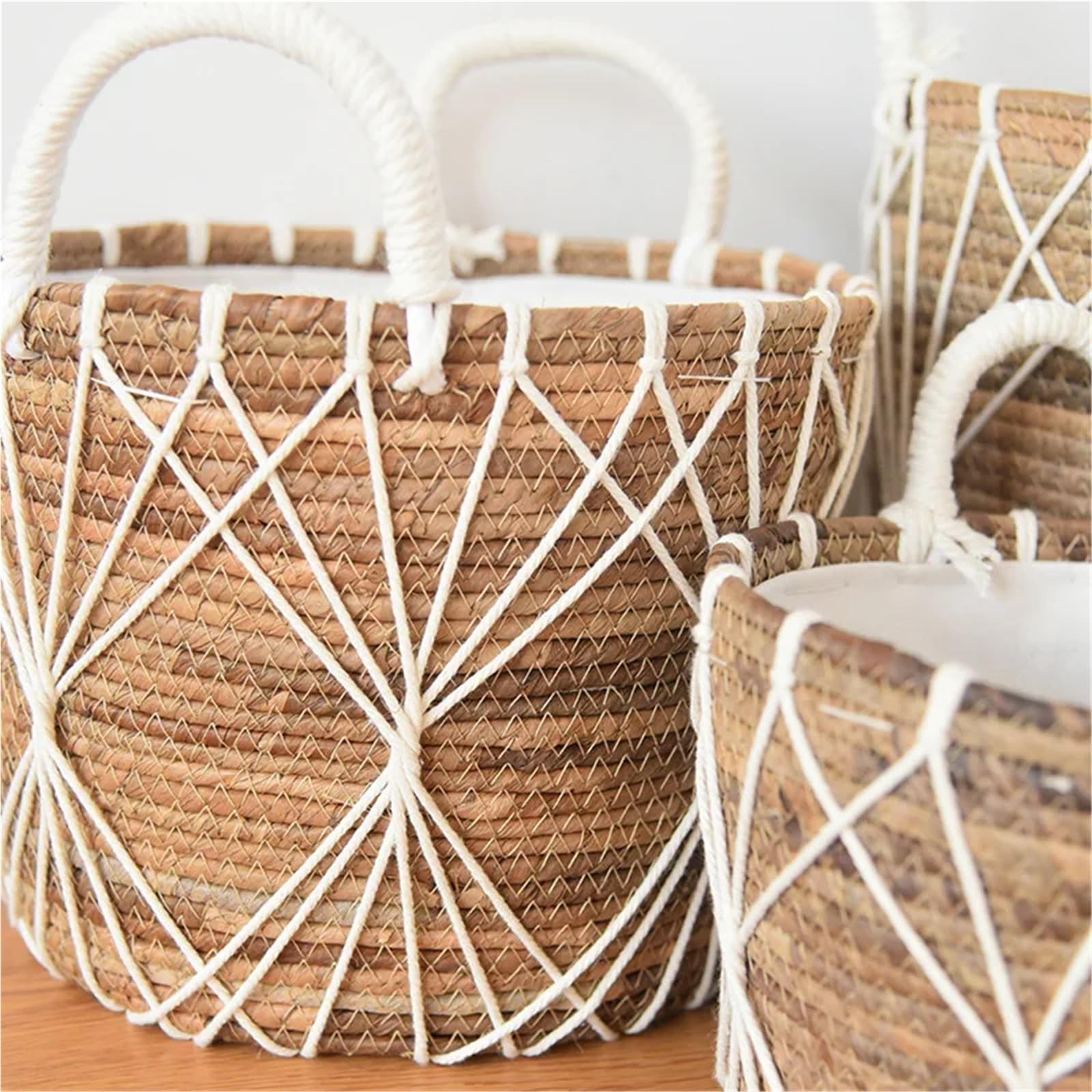 Macetero Mimbre Cesta for macetero de Interior Algas Marinas con Forro, cestas Mimbre Tejidas a Prueba Agua for Plantas, Maceta for decoración jardín y hogar(32CM)