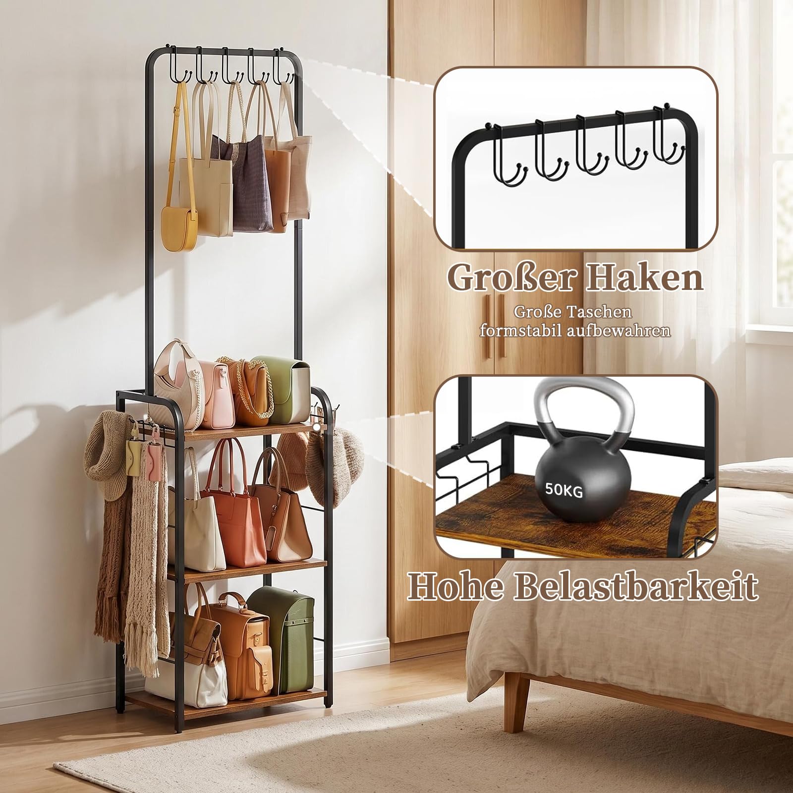 KZOBYD Organiseur de sac à main avec 3 étagères, crochets de suspension et crochets latéraux | Métal et bois, noir, sac de rangement étroit, pour chambre à coucher, couloir et dressing, 39 x 30 x 144 cm