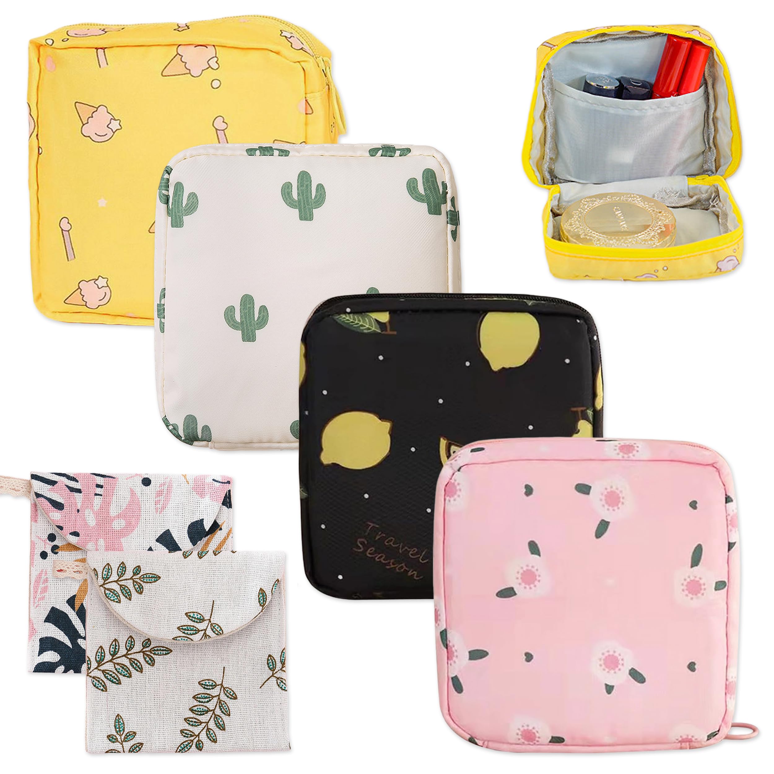 Pushiibee Bolsa para Compresas, 6 Piezas Neceser Menstrual para Mujer, 2 Estilos Estuche para Compresas y Tampones Mini Bolsita con Cremallera para Viaje y Uso Diario