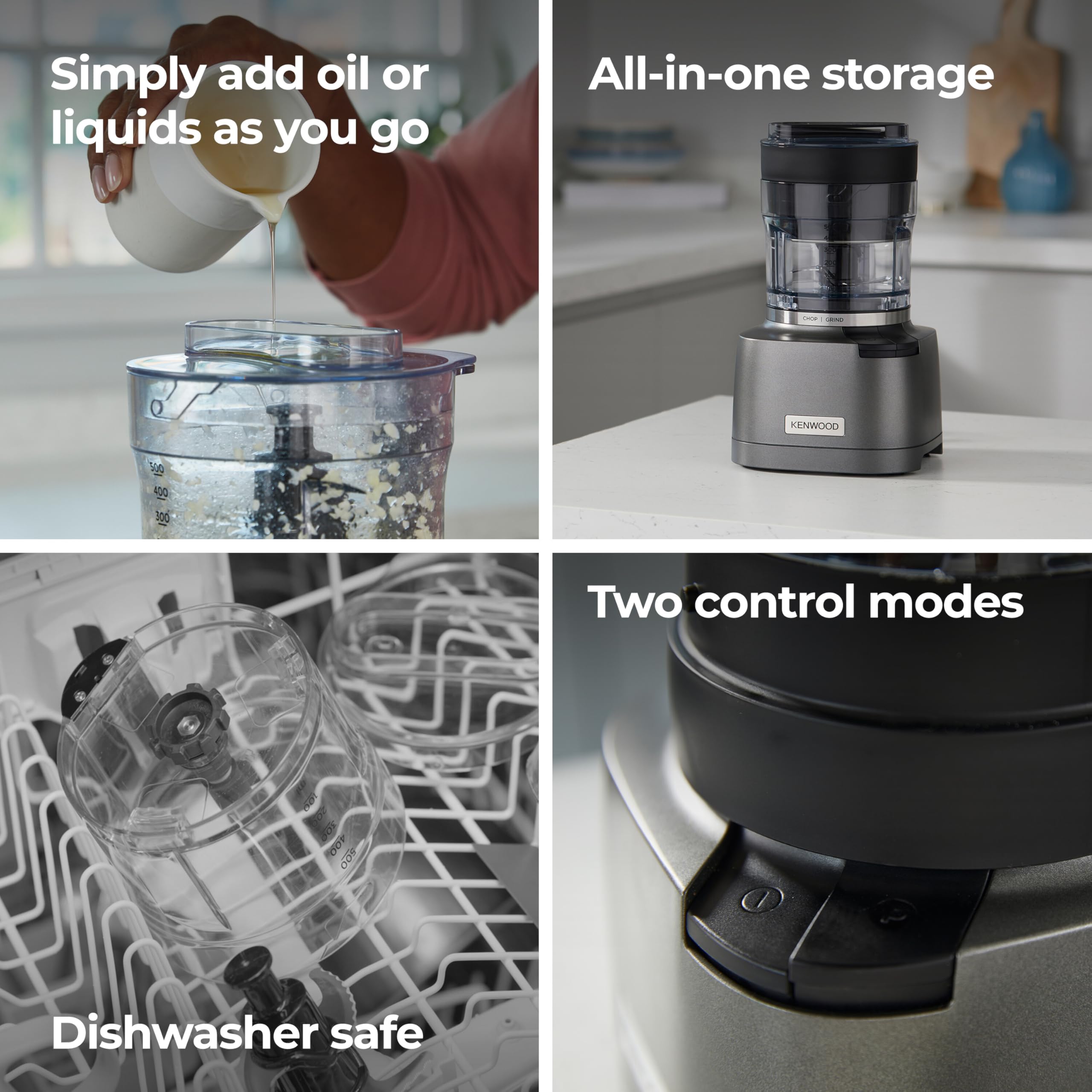 Kenwood Duo Prep CHP80.000SI modelo 2024, picadora y trituradora 2 en 1 con cuchillas Quadblades dentadas, trituradora compacta de alta velocidad, base antideslizante, lavable en lavavajillas, 800 W