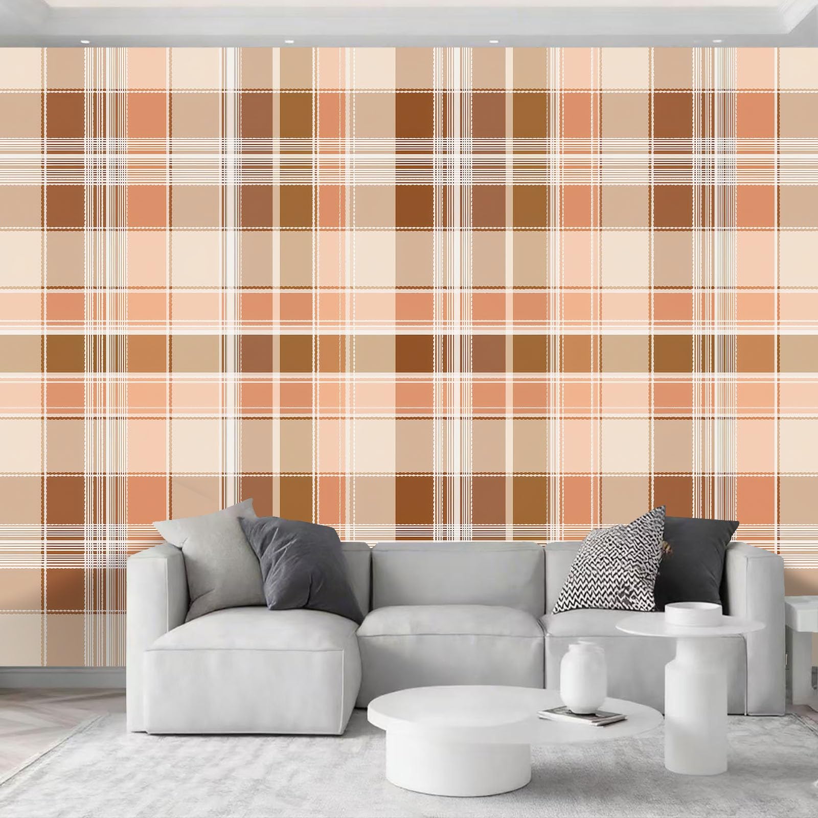 Carta da parati fotografica in tessuto non tessuto, effetto 3D, motivo tartan scozzese, per soggiorno, camera da letto, 400 x 280 cm, colore beige